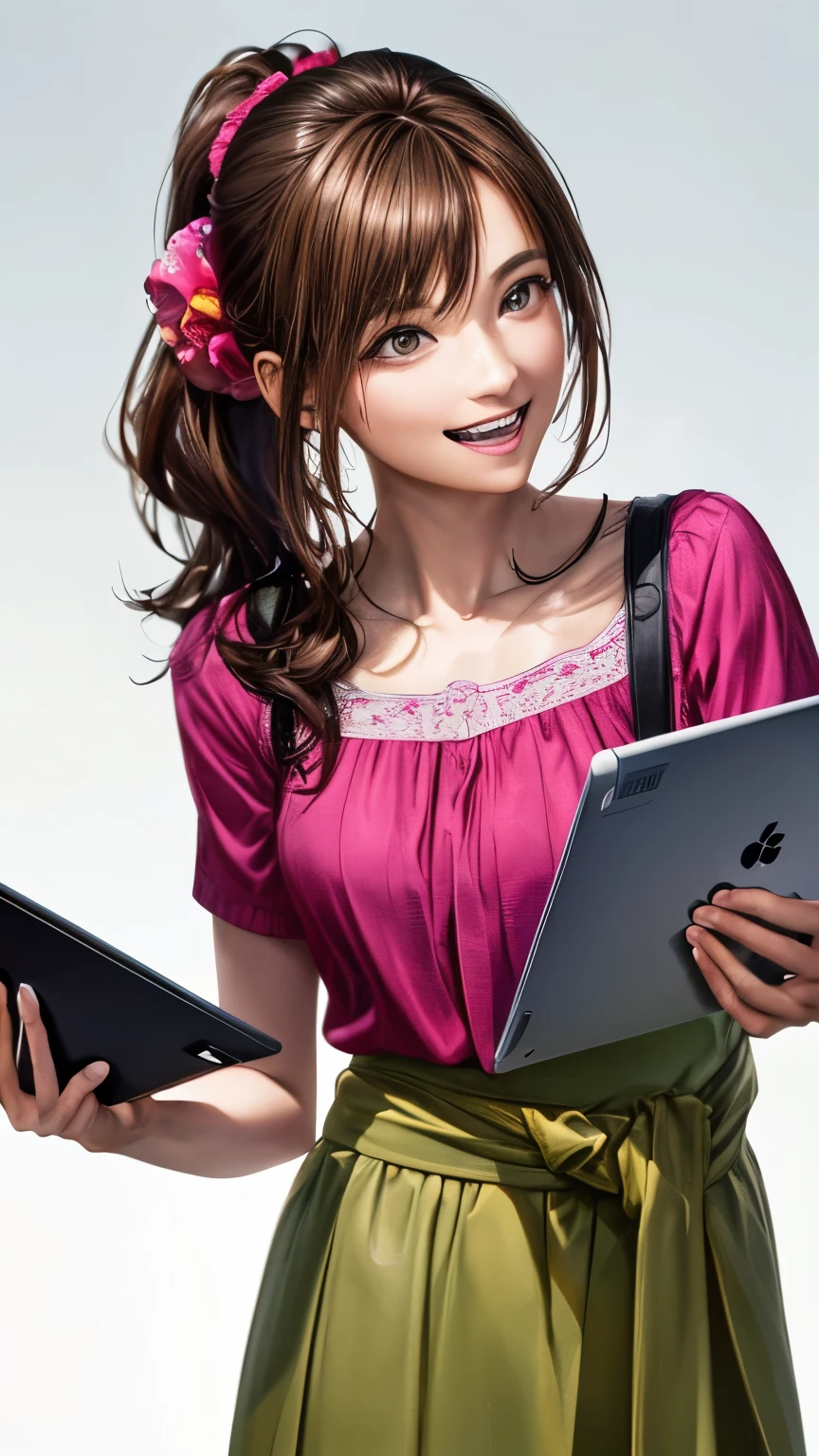 (highest quality、8K、32k、masterpiece)、(realistic)、(Photoreal:1.2)、(High resolution)、Super detailed、very beautiful face and eyes、1 girl、round and small face、thin waist、delicate body、(close、highest quality、high detail、Rich skin details)、(highest quality、8K、oil paint:1.2)、Super detailed、(realistic、realistic:1.37)、bright colors、(((brown hair)))、(((bust shot)))、(((long ponytail hair)))、(((I tie my hair in a bun with a floral scrunchie)))、(((pure white wall background)))、(((pure white wall background)))、(((I'm an OL)))、(((She has a happy expression)))、(((I'laughing)))、(((Wearing a pink blouse)))、(((look straight ahead)))、(((brown hair)))、(((I have brown hair)))、(((the skirt is short)))、(((teeth visible)))、(((I have a laptop)))