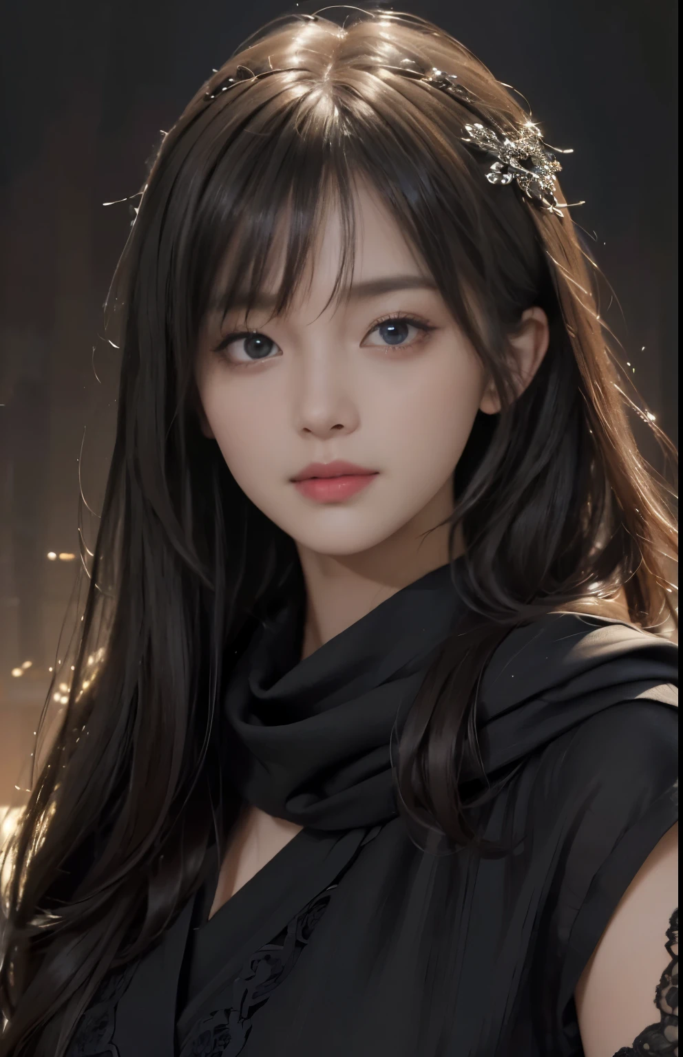(Hyper-realistic) , (illustratio), (Increase the resolution), (8K), (extremely detaile), (Most Best Illustration), (Beautiful and delicate eyes), (best qualtiy), (ultra - detailed), (masterpiece), ( the wallpaper), (Detailed face), solo, looking at viewert, exquisite detailing, Detailed face, in the darkness nigth, deep shading, low tune,pureerosfaceace_V1, ssmile,long straight hair,Black shawl, 46 points oblique bangs,plump breasts