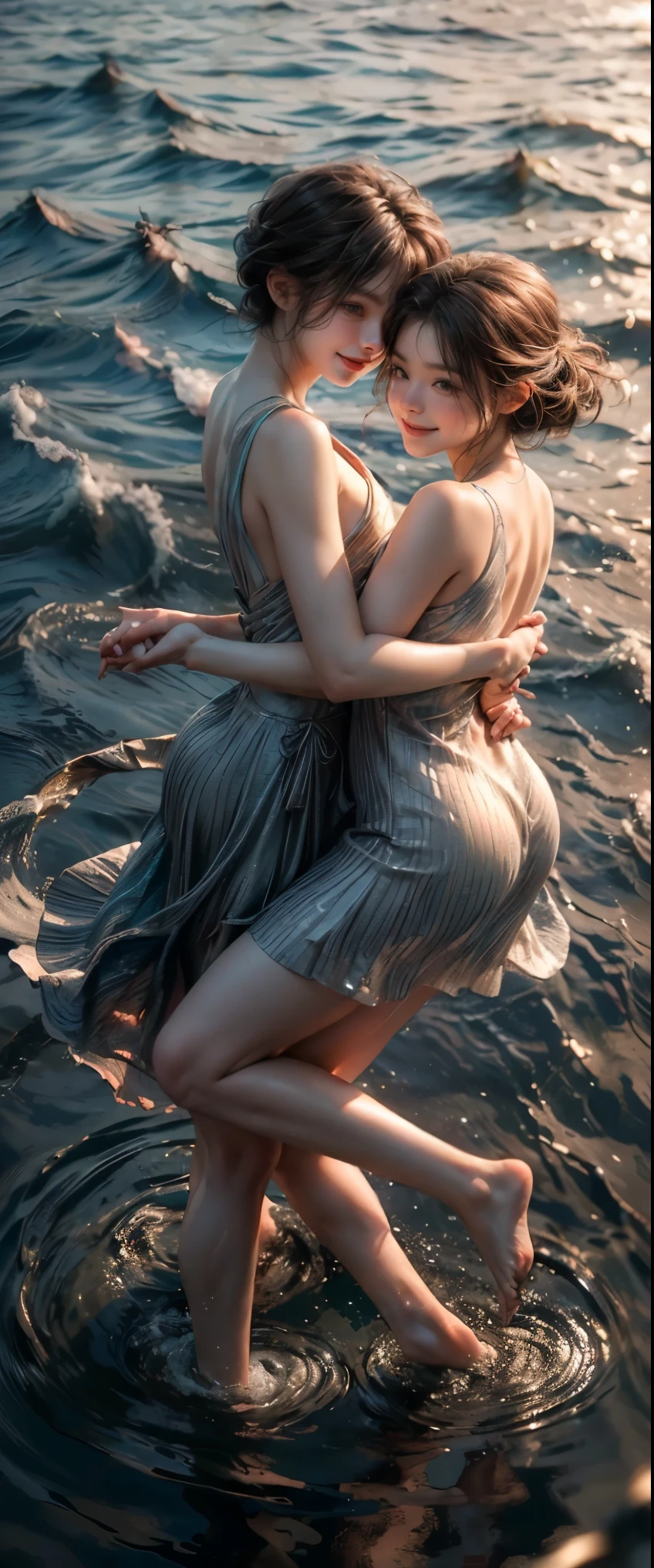 ((masterpiece, highest quality, Highest image quality, High resolution, photorealistic, Raw photo, 8K)), People Dancing on the Sea Surface, Two women in short dresses, Smiling, holding hands and dancing, Bare toes, In Dynamic Pose, Beautiful profile of a woman, Ripples spreading across the surface of the water, Angle from above,