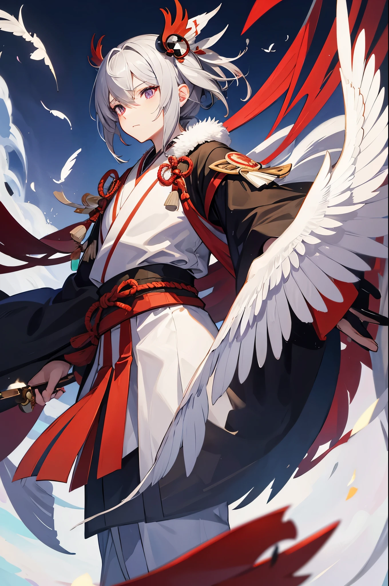 Man, Tengu, Onmyoji, Bird's Beak, Shaggy, Gray Hair, White Feathers, Long Wings, Purple Pupils, Kimono, Japanese Style, Simple Background