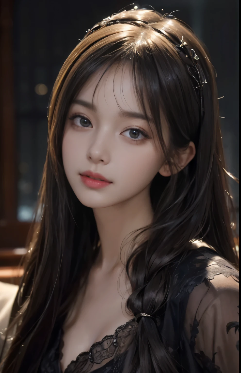 (Hyper-realistic) , (illustratio), (Increase the resolution), (8K), (extremely detaile), (Most Best Illustration), (Beautiful and delicate eyes), (best qualtiy), (ultra - detailed), (masterpiece), ( the wallpaper), (Detailed face), solo, looking at viewert, exquisite detailing, Detailed face, in the darkness nigth, deep shading, low tune,pureerosfaceace_V1, ssmile,long straight hair,Black shawl, 46 points oblique bangs,plump breasts