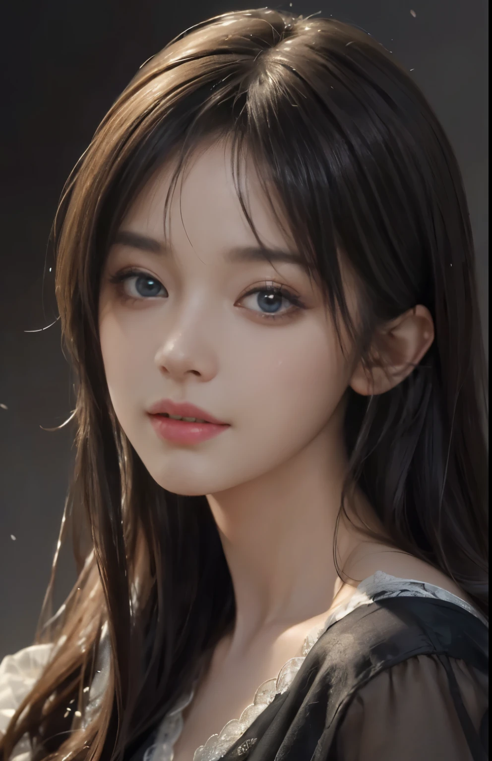 (Hyper-realistic) , (illustratio), (Increase the resolution), (8K), (extremely detaile), (Most Best Illustration), (Beautiful and delicate eyes), (best qualtiy), (ultra - detailed), (masterpiece), ( the wallpaper), (Detailed face), solo, looking at viewert, exquisite detailing, Detailed face, in the darkness nigth, deep shading, low tune,pureerosfaceace_V1, ssmile,long straight hair,Black shawl, 46 points oblique bangs,plump breasts