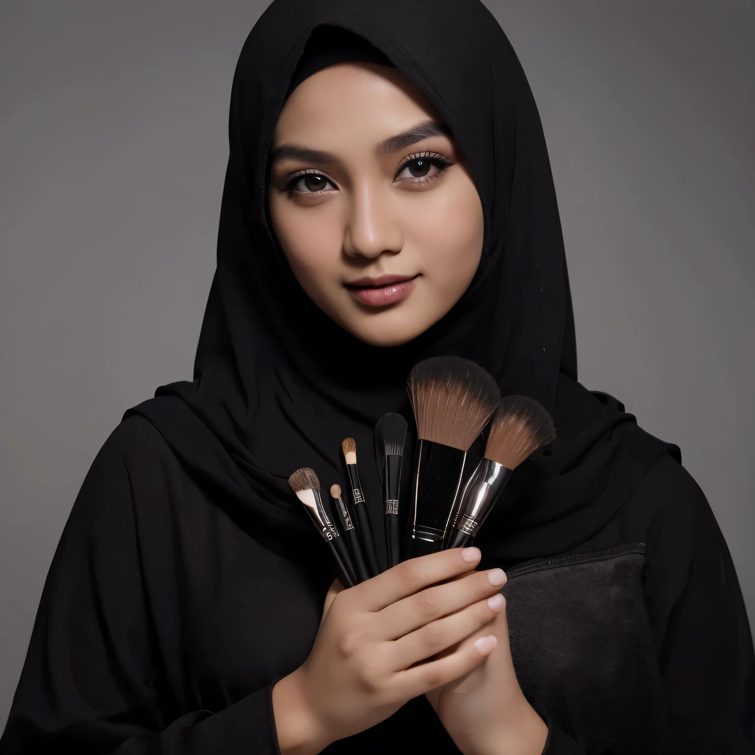 photography. seorang wanita Indonesia. memakai hijab warna hitam, pakaian berwarna hitam, sedang memegang alat make up untuk rias wajah. foto tampak depan, foto jelas & detail.