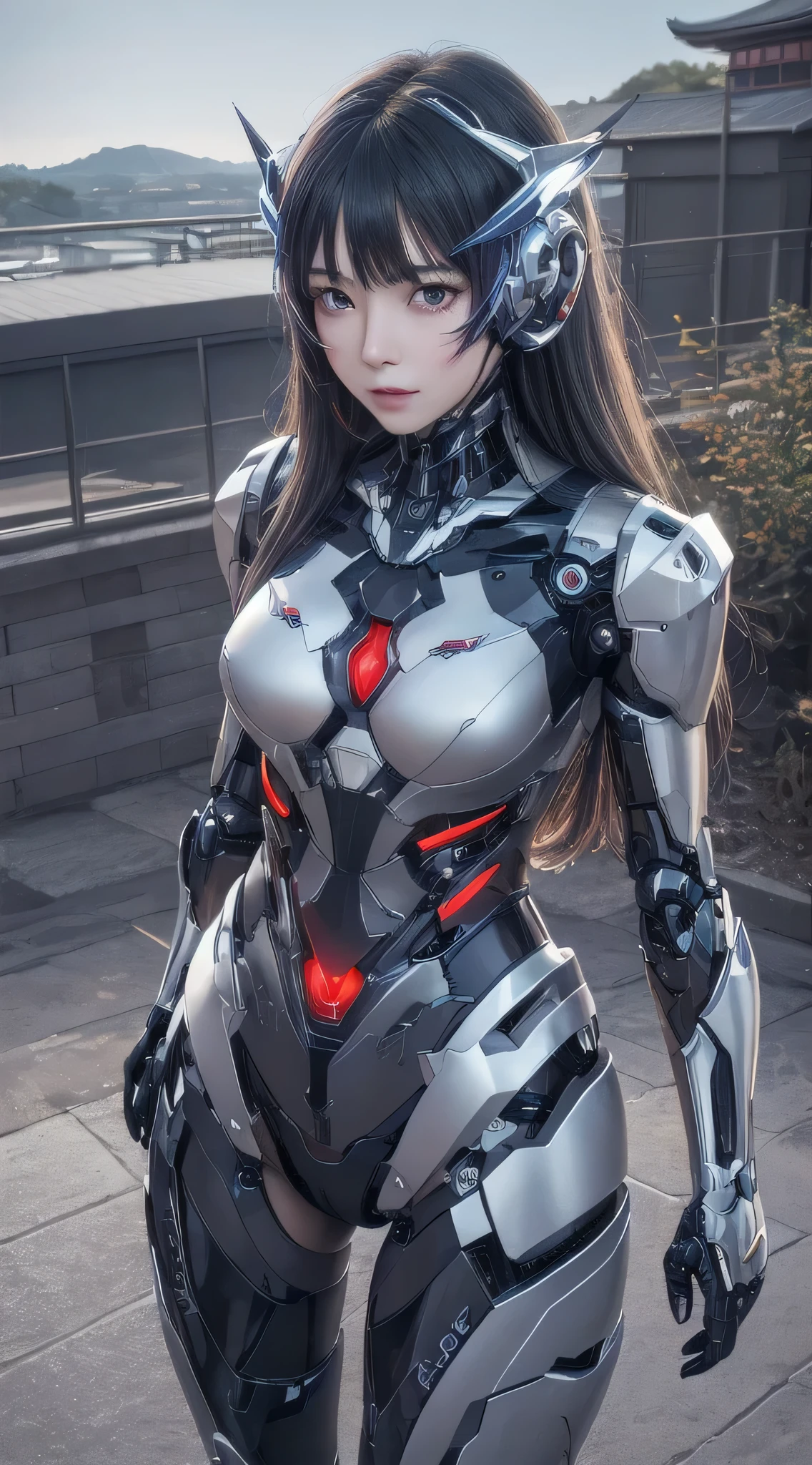 cowboy shot, caustics,reflection,ray tracing,devil theme,nebula,dark aura,cyber effect, (1 girl:1.4),alone,alone,mecha musume,mechanical parts, robot joints,single mechanical arm, headgear, mechanical harrow,hello star,intricate mechanical bodysuit, mech corset, kimono, full armor, very long hair,gray hair, hair between eyes, colorful hair, inner hair coloring, red eyes,glowing eyes,Eye marks, random expression,random action, ancient japanese architecture,pool, starry sky,skyline,