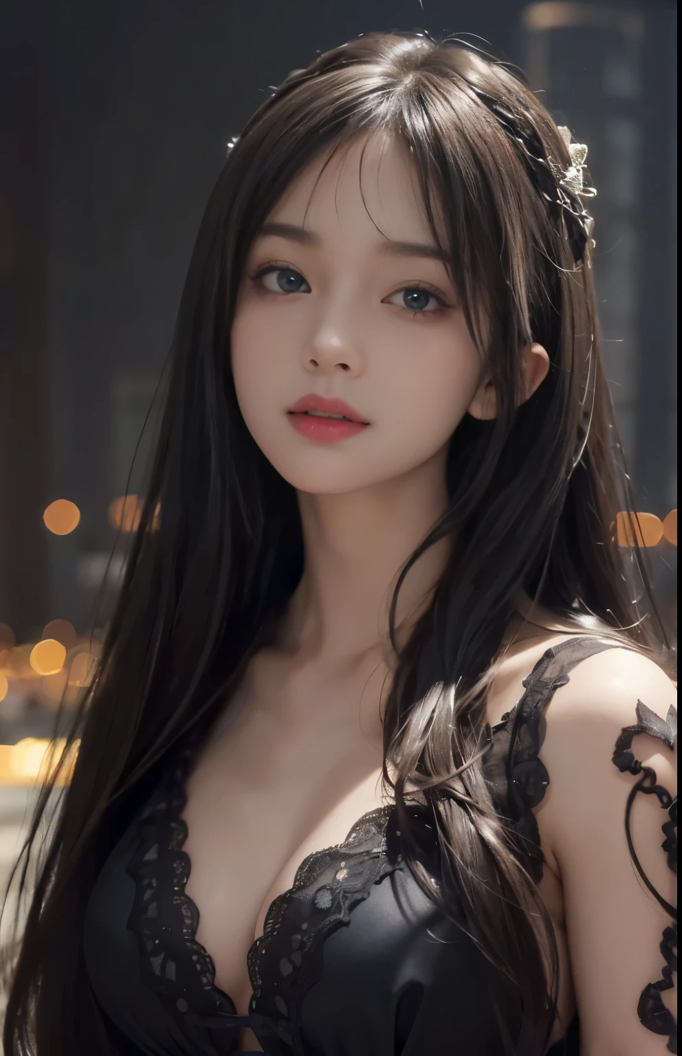 (Hyper-realistic) , (illustratio), (Increase the resolution), (8K), (extremely detaile), (Most Best Illustration), (Beautiful and delicate eyes), (best qualtiy), (ultra - detailed), (masterpiece), ( the wallpaper), (Detailed face), solo, looking at viewert, exquisite detailing, Detailed face, in the darkness nigth, deep shading, low tune,pureerosfaceace_V1, ssmile,long straight hair,Black shawl, 46 points oblique bangs,plump breasts
