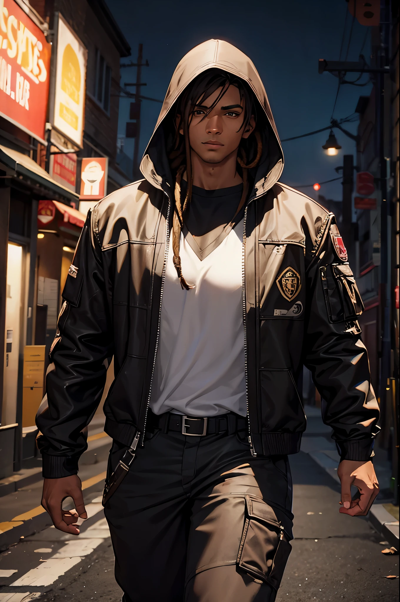 Male, muscular, brown skin, short brown dreadlock hair, dark pants, black hood with white shirt inside, city background, night, in a dark alley, realistic, 8k, Unreal Engine, highly detailed, octane rendering,