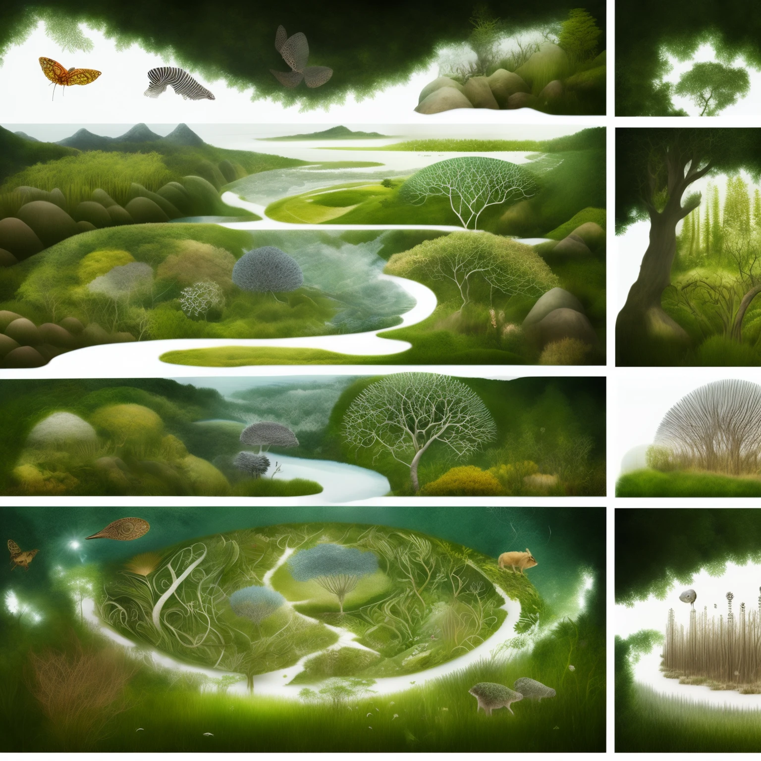 Creating a visually striking collage of the dynamic and intricate energy transformation processes within ecosystems. The artwork would capture the essence of nature's intricate web of life, showcasing a harmonious blend of various organisms and their interactions.

The collage would consist of vivid and realistic illustrations depicting photosynthesis, where green leaves transform sunlight into energy, and other energy transfer processes in a forest, an ocean, and a grassland. The images would transition seamlessly from one illustration to another, conveying the continuous flow of energy through various food chains and cycles.

The background would be a blend of earthy tones, representing the diverse landscapes of ecosystems. Overla