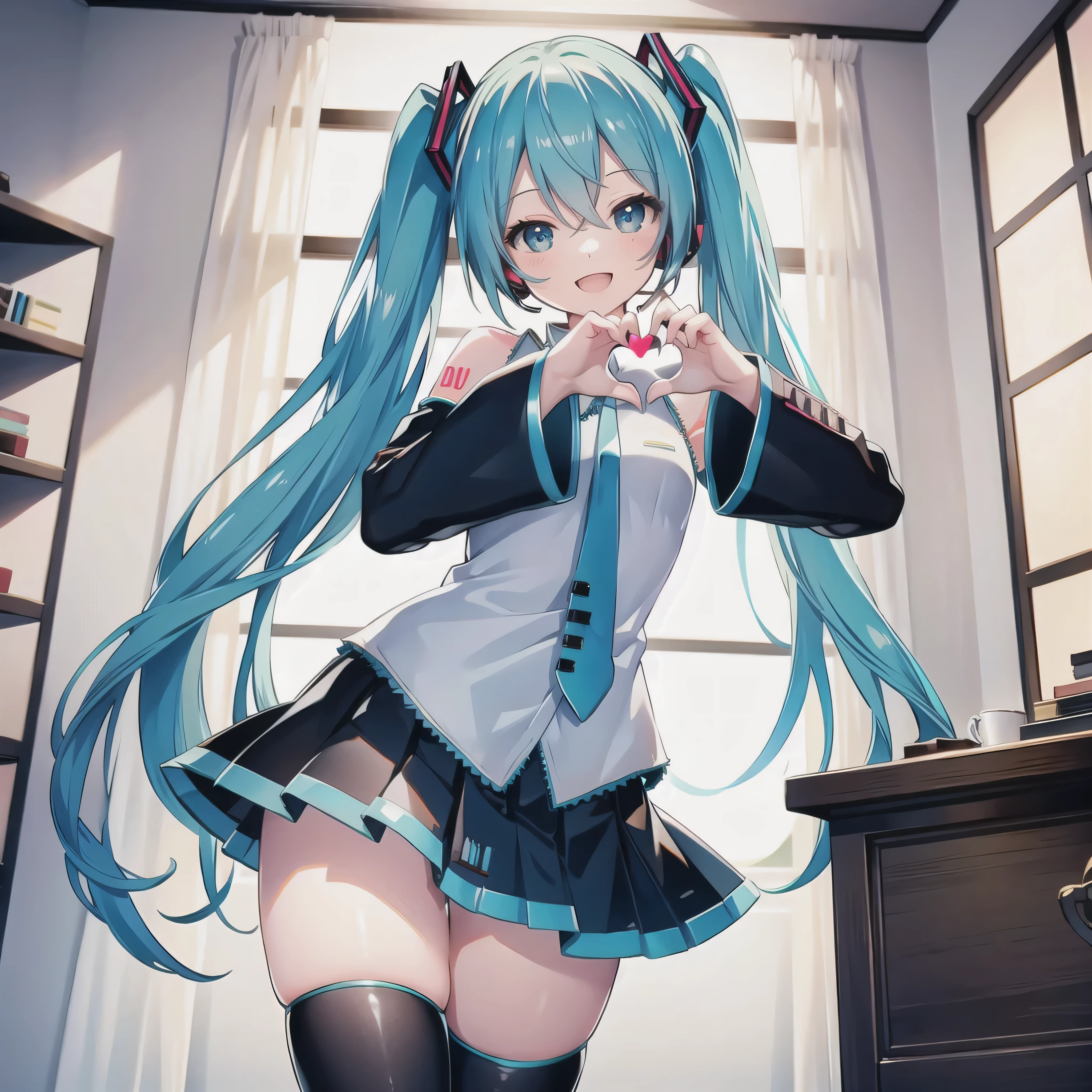 Young Hatsune Miku、skirt、Photographing a subject from below、Low - Angle、Spread your legs、Pussy、Dripping a lot of thick white love juice、squat、Big Breasts、Girls&#39; Shorts、See-through clothing、Transparent nipples、blush、Close your eyes and scream、Touching the groin、Sweat