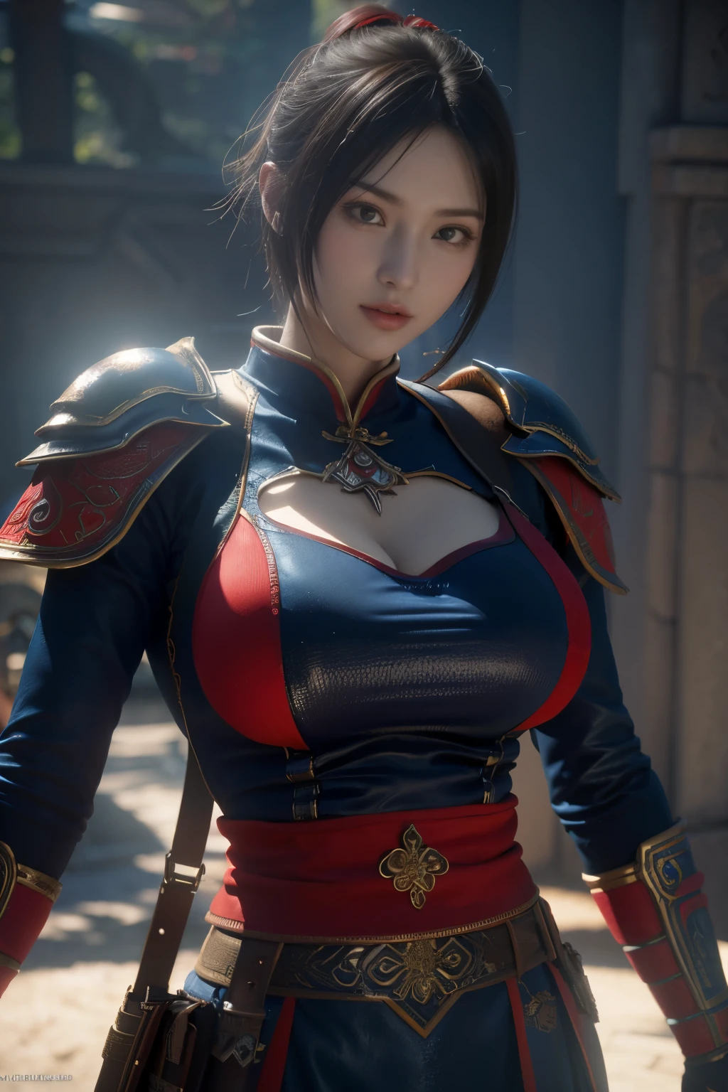 Masterpiece,Game art,The best picture quality,Highest resolution,8K,(Portrait:1.5),Unreal Engine 5 rendering works,(Digital Photography),
Girl,Beautiful pupil,(Gradual short hair is blue and red),Busty,(Big breasts),
(A female general in the ancient fantasy style),(Future combat dress combined with Chinese fantasy style clothing,Chinese style Han costume),Ribbon,Ancient magic patterns glow,Armor rich in detail,(Ancient fantasy),
Movie lights，Ray tracing，Game CG，((3D Unreal Engine))，OC rendering reflection pattern