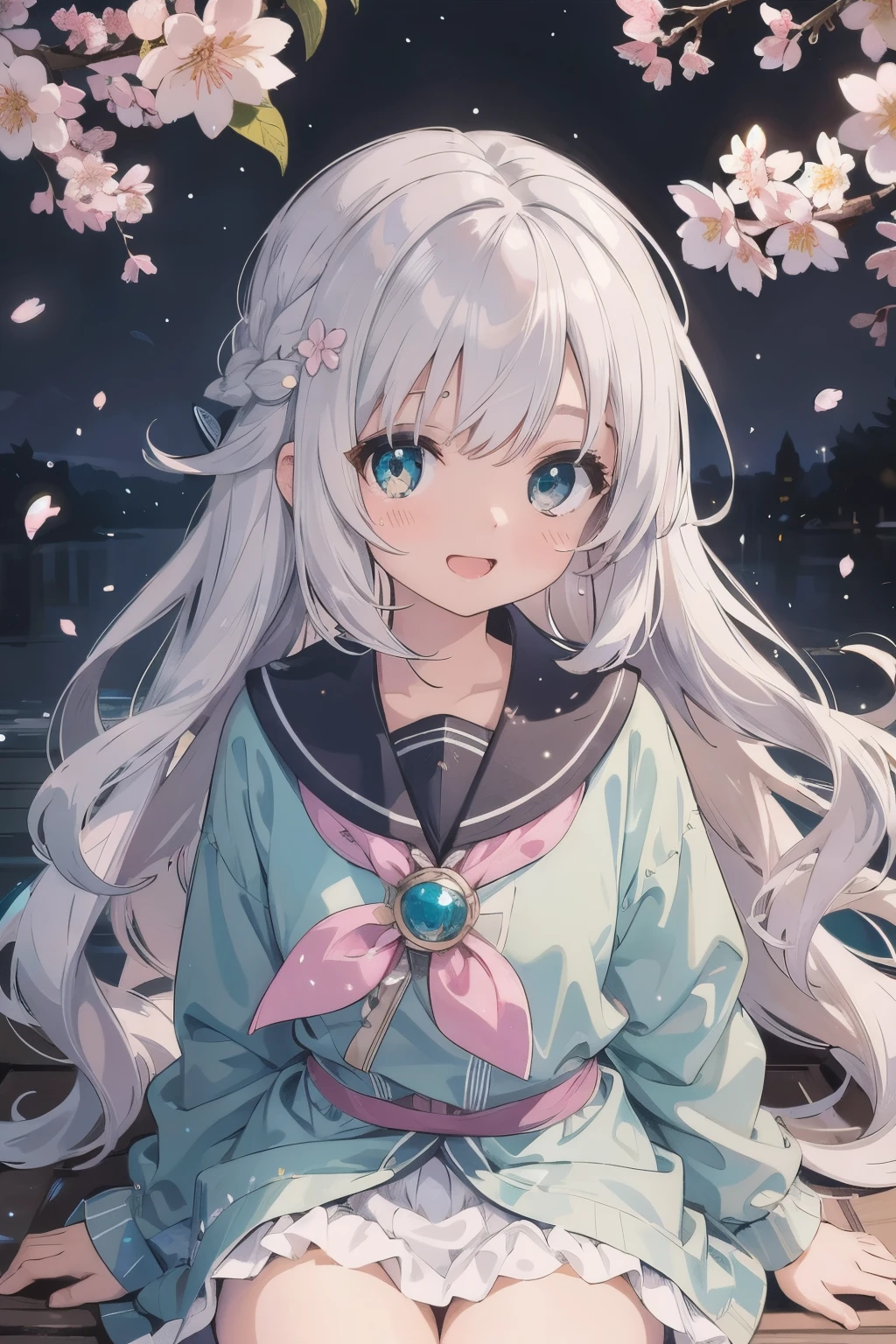 (masterpiece), cherry blossoms, petal, particles of light, Upper body, 1 girl, wavy hair, floating hair, smile, sitting, open your mouth, particles of light, silver hair, aqua eye, looking at the viewer, face focus
