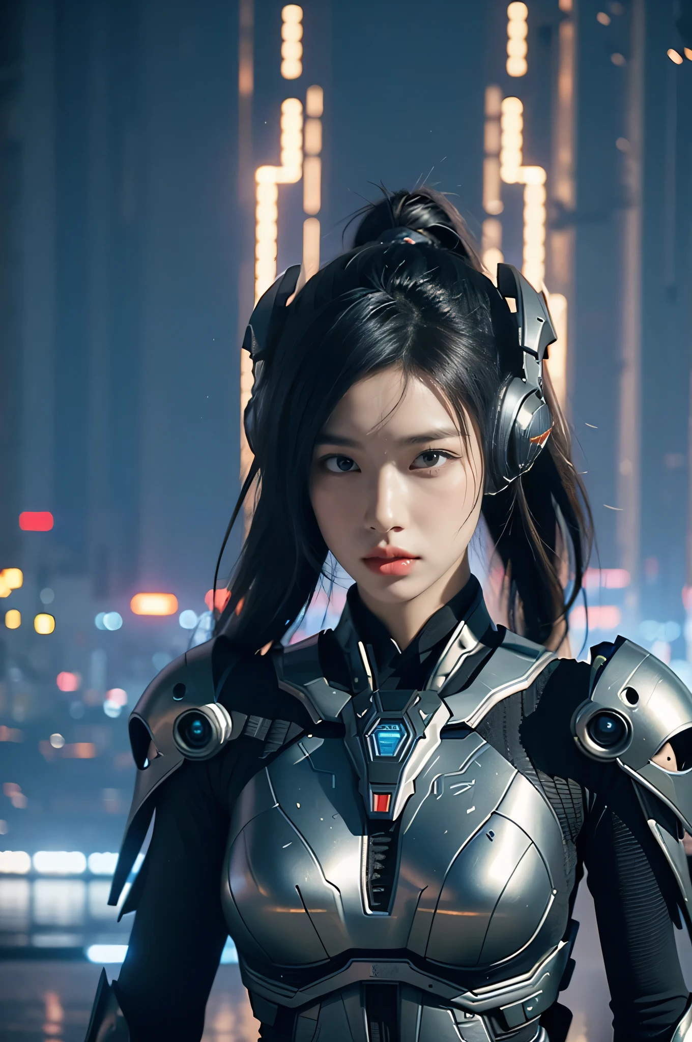 game art，best picture quality，Highest resolution，8k，((A half-length photo))，((portrait))，(rule of thirds)，Unreal Engine 5 rendering works， (Future girl)，(female warrior)， 22-year-old young hacker)，(ancient oriental hairstyle)，(Beautiful eyes full of details)，(big breasts)，(eye shadow)，Elegant and charming，indifferent，((frown))，(Combat suit full of futuristic technology，The costume combines futuristic power armor and，Clothing is decorated with glittering patterns and emblems)，cyberpunk characters，in the style of futuristic， photo poses，city background，lamp，Ray tracing，Game CG，((3D Unreal Engine))，OC rendering reflection pattern