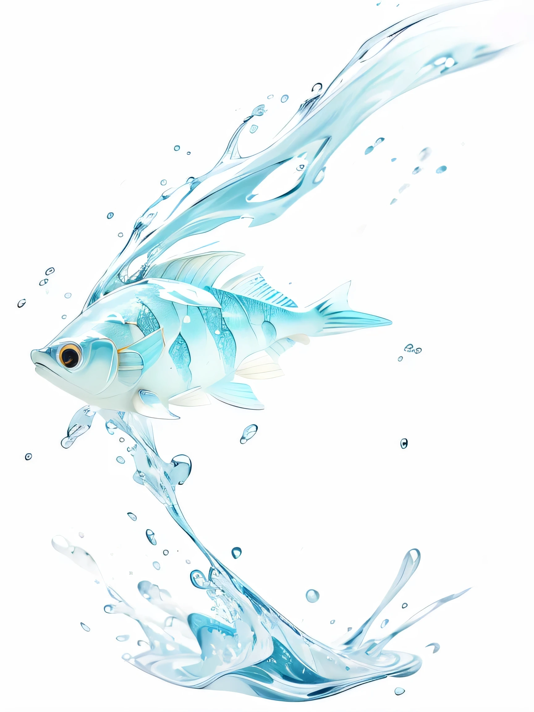 (Best quality), fish in the shape of water flow (colorful splashes), colorful bubbles, transparent background, rich details 4K, masterpiece