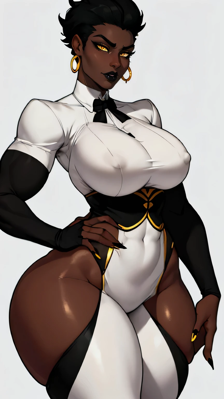 jewelry, thick thighs, wide hips, black lips, bald, small breast, milf, yellow eyes, white blank background, mature,black fingernails, mother, perky breasts, tomboy, ebony skin, luxury, , strong, muscular, sexy stockings, empress gold design, white formal suit, black tie, dress pants