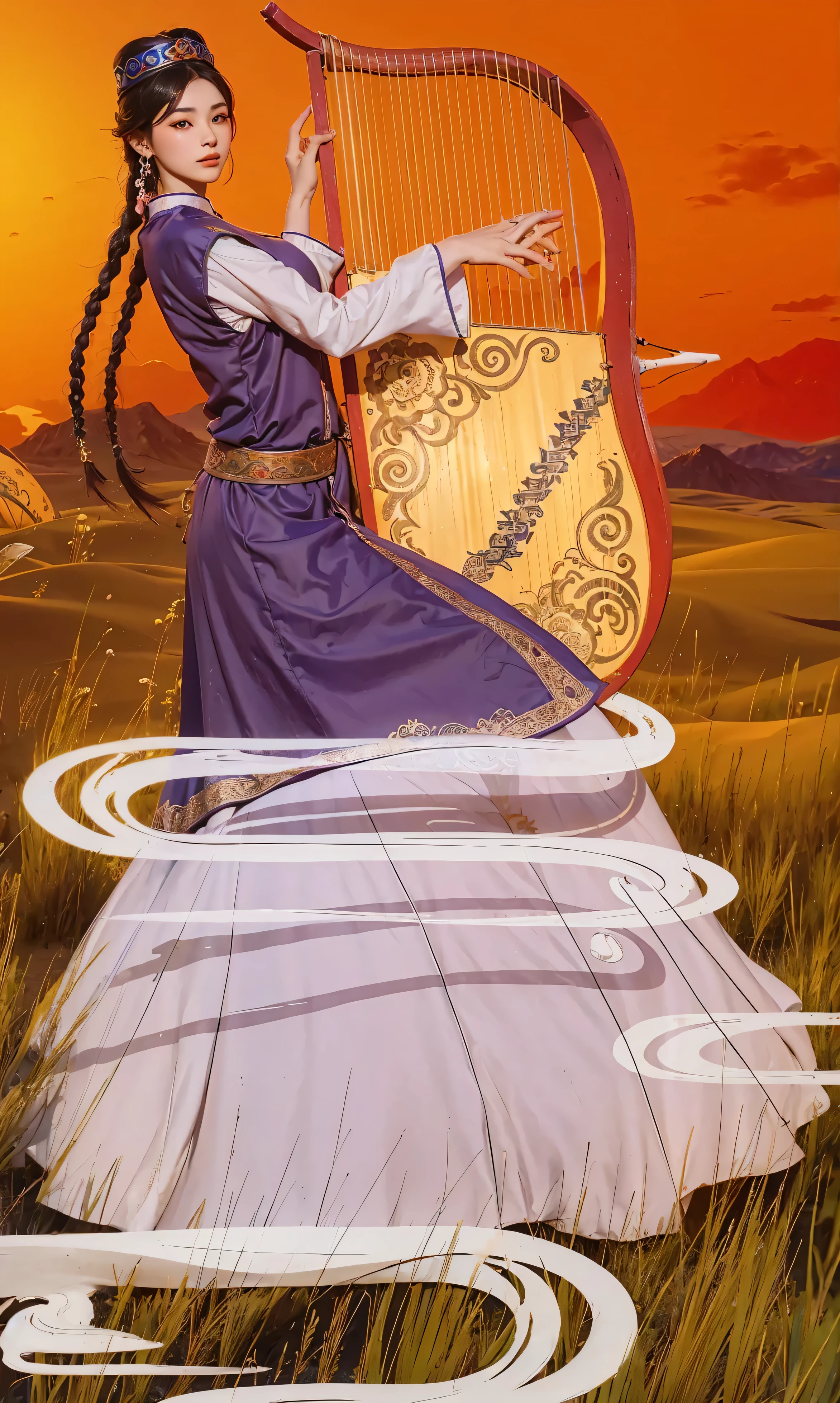 Xinjiang girl wearing purple Xinjiang costume,On the steppe at dusk, inspired by land base, inspired by Yang Buzhi, Z style art, Illustrations inspired by Persian folklore, Inspired by Song Maojin, Inspired by Ji Yunfei, Persian folk storytelling art style, A beautiful artistic illustration, With Xinjiang art style, Detailed cloud,Detailed sunset,Detailed distant mountains,Detailed steppe. (best quality, 4K, 8K, High resolution, masterpiece:1.2), super detailed, (actual, photoactual, photo-actual:1.37), high dynamic range, ultra high definition, studio lighting, Ultra-fine coating, sharp focus, Physically based rendering, extremely detailed description, professional, bright colors, Bokeh, portrait, landscape,, Science fiction, photography, concept artist, Vibrant shades, Picturesque lights.
