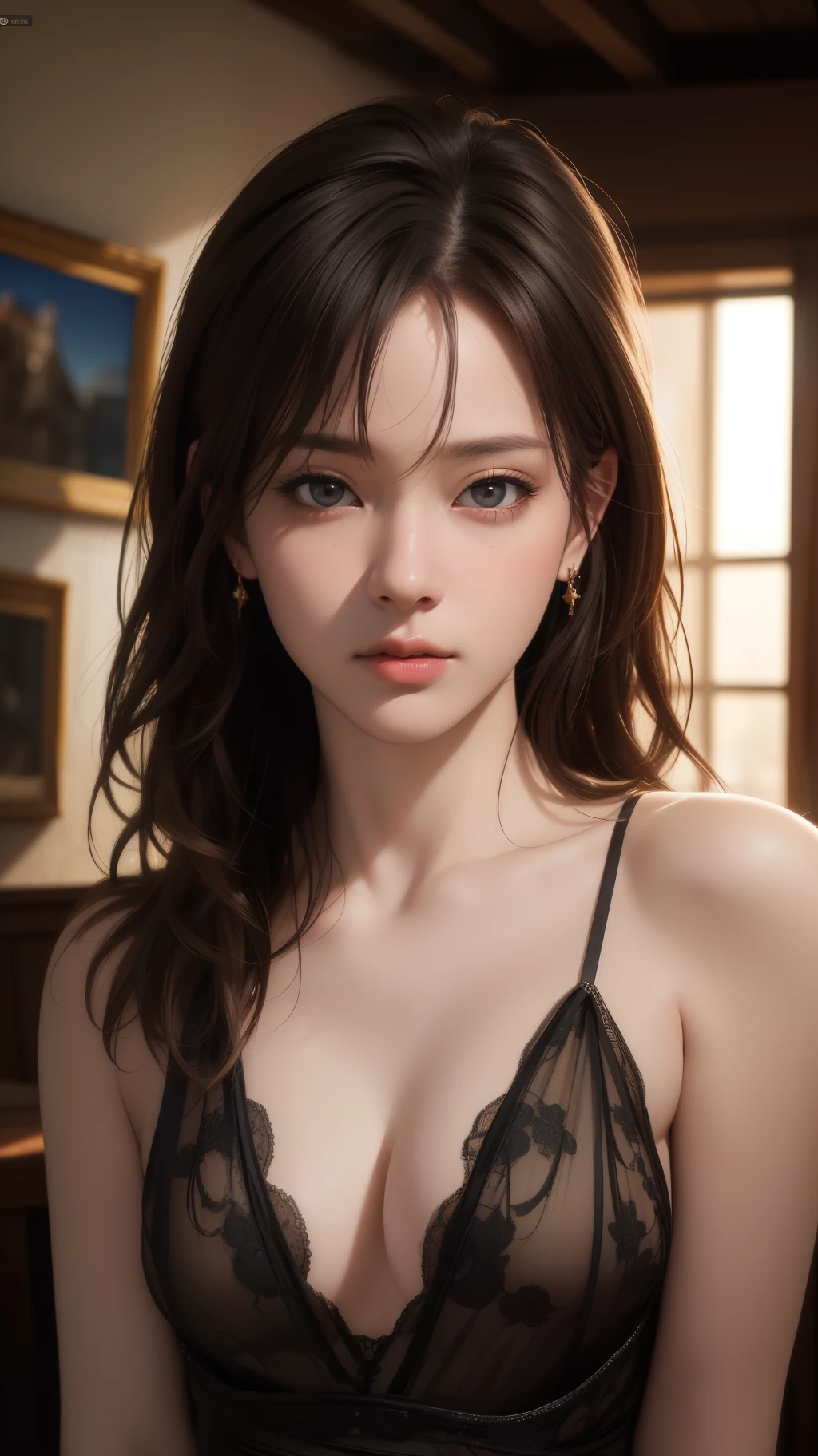 (Highest quality,8k,High resolution,masterpiece:1.2),Digital Art, A Japanese woman, 28 years old、Low angle bust shot、Delicate face，Delicate eyes，Dark brown hair，Straight hair，Straight short hair、Sparkling amber eyes，Red lips，particle，Dust，A little blush，shy，in love，Gaze lovingly at，(HD Skins)，Cleavage，Shallow depth of field，Warm colors，2-color light