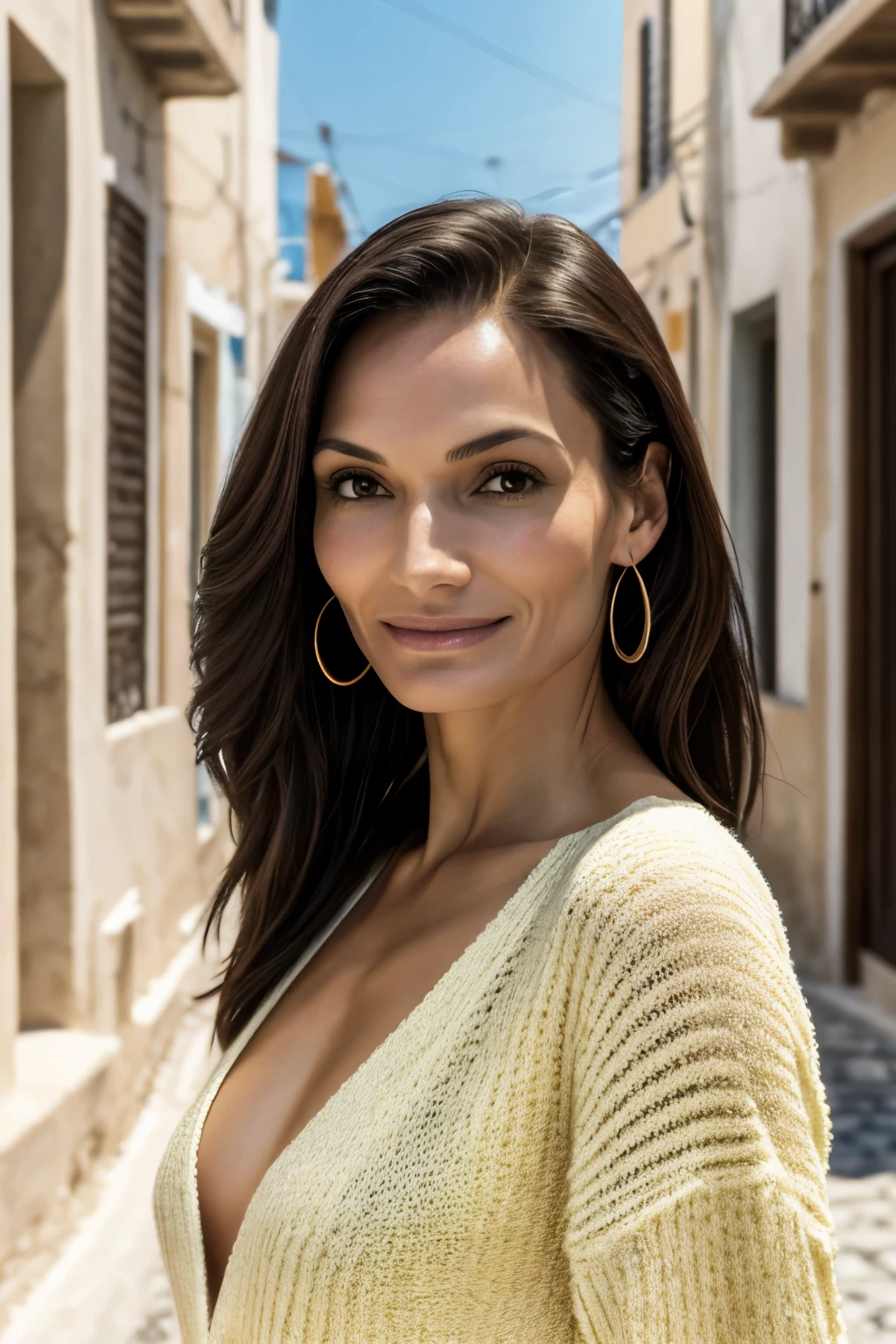 1 woman, Women similar to Famke Janssen, Light Yellow Deep V Light Knit Sweater, Looking at the camera, well-shaped bust, greek cityscape, smile, cheerful and happy, clear sky, skin texture, cinematic light, ultra high resolution, photorealistic, best quality, complex and delicate, 8K wallpaper, highest quality, masterpiece