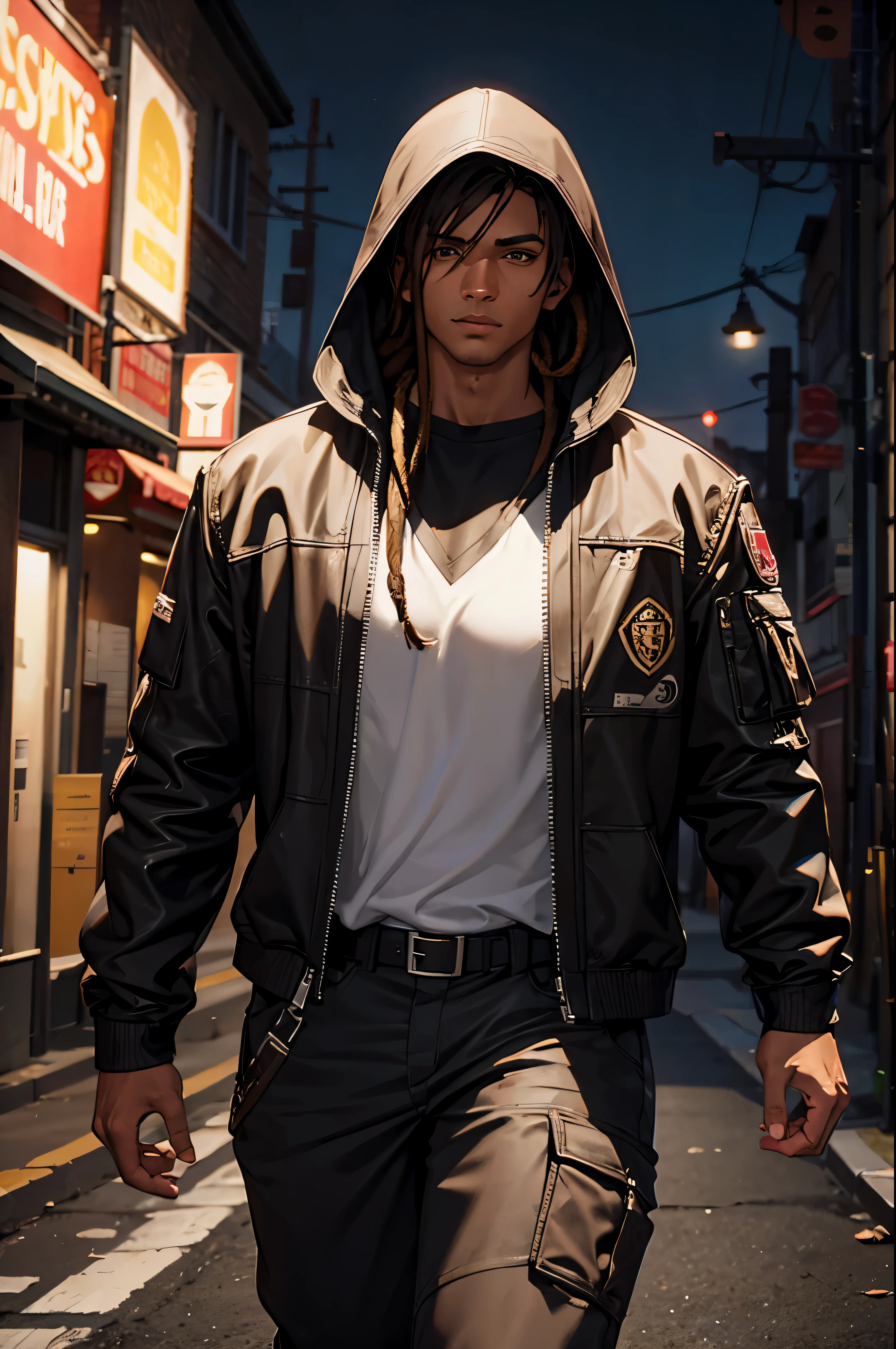Male, muscular, brown skin, short brown dreadlock hair, dark pants, black hood with white shirt inside, city background, night, in a dark alley, realistic, 8k, Unreal Engine, highly detailed, octane rendering,