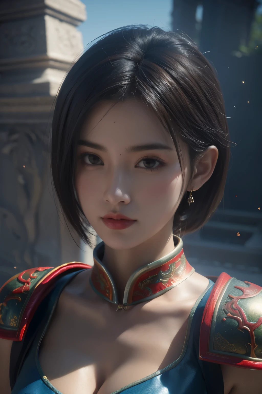 Masterpiece,Game art,The best picture quality,Highest resolution,8K,(Portrait:1.5),Unreal Engine 5 rendering works,(Digital Photography),
Girl,Beautiful pupil,(Gradual short hair is blue and red),Busty,(Big breasts),
(A female general in the ancient fantasy style),(Future combat dress combined with Chinese fantasy style clothing,Chinese style Han costume),Ribbon,Ancient magic patterns glow,Armor rich in detail,(Ancient fantasy),
Movie lights，Ray tracing，Game CG，((3D Unreal Engine))，OC rendering reflection pattern