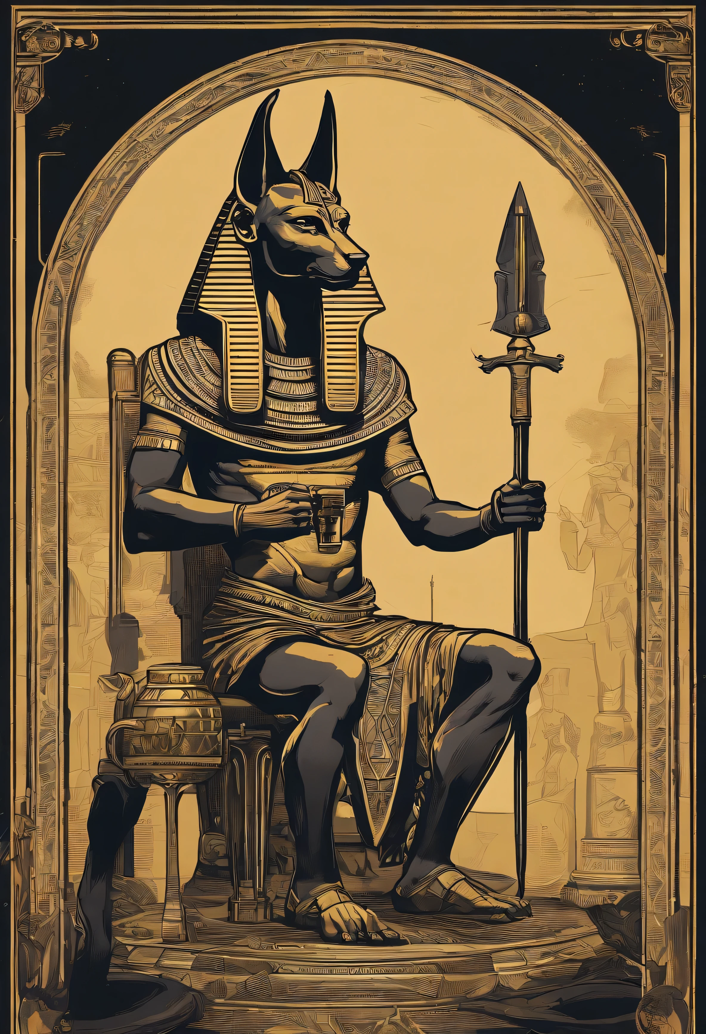 Efyptian poster featuring a giant god anubis "with a 1919 era soldier on his knees in front of anubis" with hints of beer in mugs around him, dramatic, noir tones, high quality