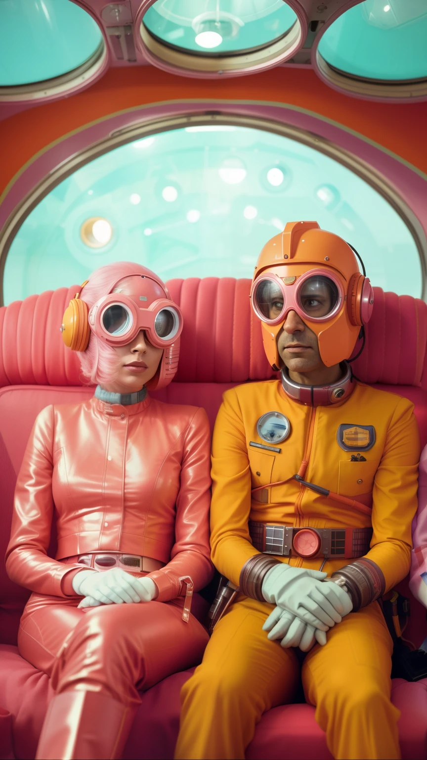 4k image from a 1960s science fiction film by Wes Anderson, pastels colors, Young people with animal mask and a mechanical pet in the park, Retro-futuristic fashion clothes from the 60s with alien ornaments, Luz Natural, Psicodelia, futurista estranho, retro-futurista, photo-realistic, Sharp background details.