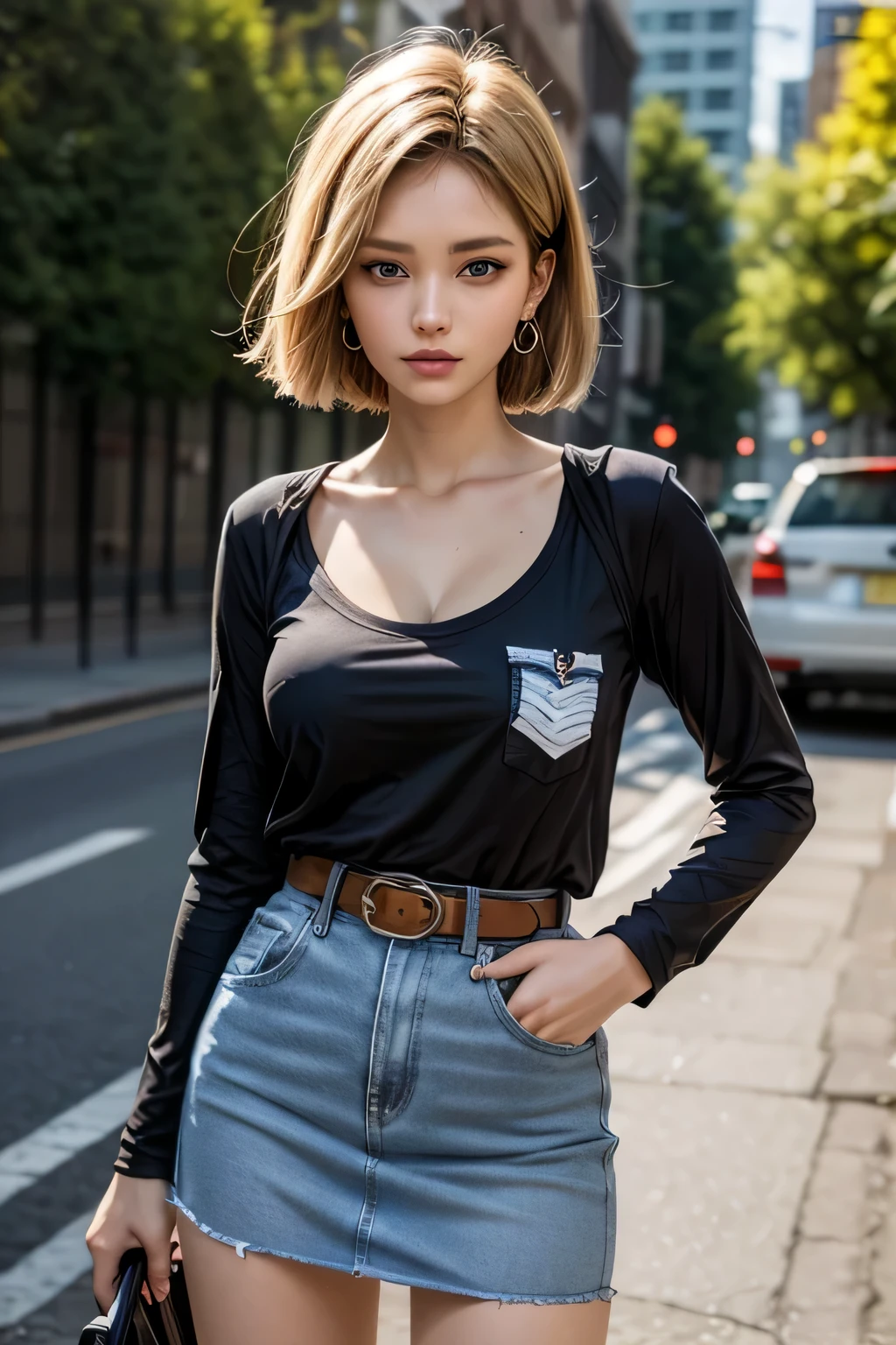 android 18, android 18, blonde hair, blue eyes, eyelash, hoop earrings, short hair, earrings, break belt, black legwear, black shirt, breast pocket, cleavage, clavicle, denim, denim skirt, high-waist skirt, jewelry, long sleeve, pocket, shirt, shirt tucked in, skirt, striped, striped sleeves, waistcoat,, break outdoors, city, null, cloud, sun, break looking at viewer, (cowboy shot:1.5), break (masterpiece:1.2), highest quality, High resolution, unity 8k wallpaper, (shape:0.8), (beautiful and detailed eyes:1.6), highly detailed face, perfect lighting, Very detailed CG, (perfect hands, perfect anatomy)