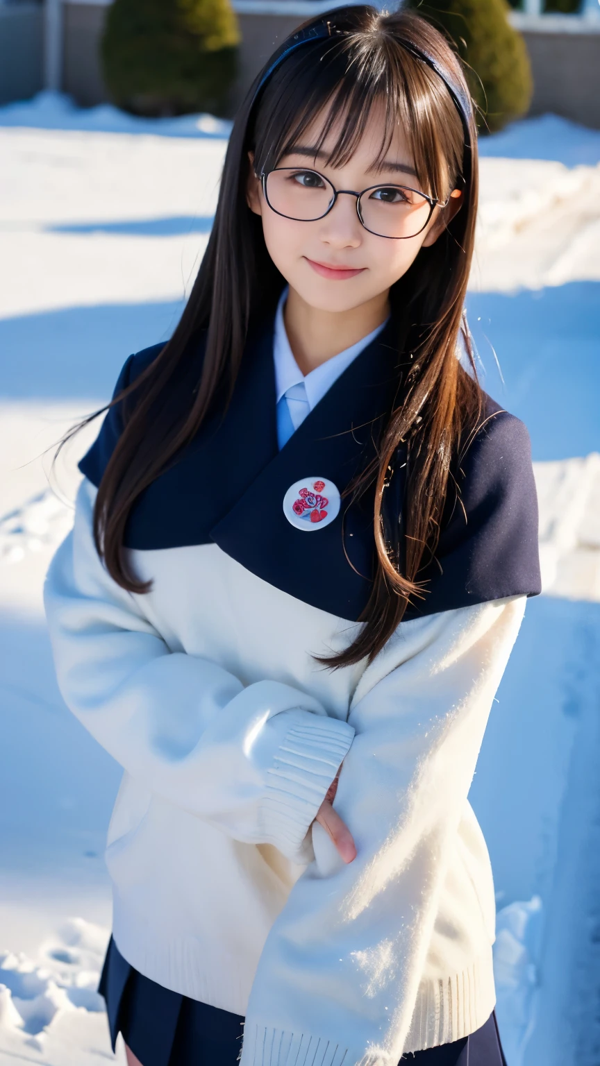 highest quality, masterpiece, ultra high resolution, (realistic:1.4), Raw photo, very detailed, perfect anatomy, full body shot、Cute pose in the winter schoolyard,
1 girl, 15 years old, most popular japanese idols, (Wearing Japanese high school winter clothes, Cute design muffler, cute design glasses), face focus, portrait, innocent smile, Very cute face like the most famous Japanese idol, very beautiful big black firm eyes, very beautiful black hair shortcut, very beautiful realistic white skin, very beautiful wet lips,
Detailed Japanese high school winter uniforms, detailed Cute design muffler, detailed cute design glasses