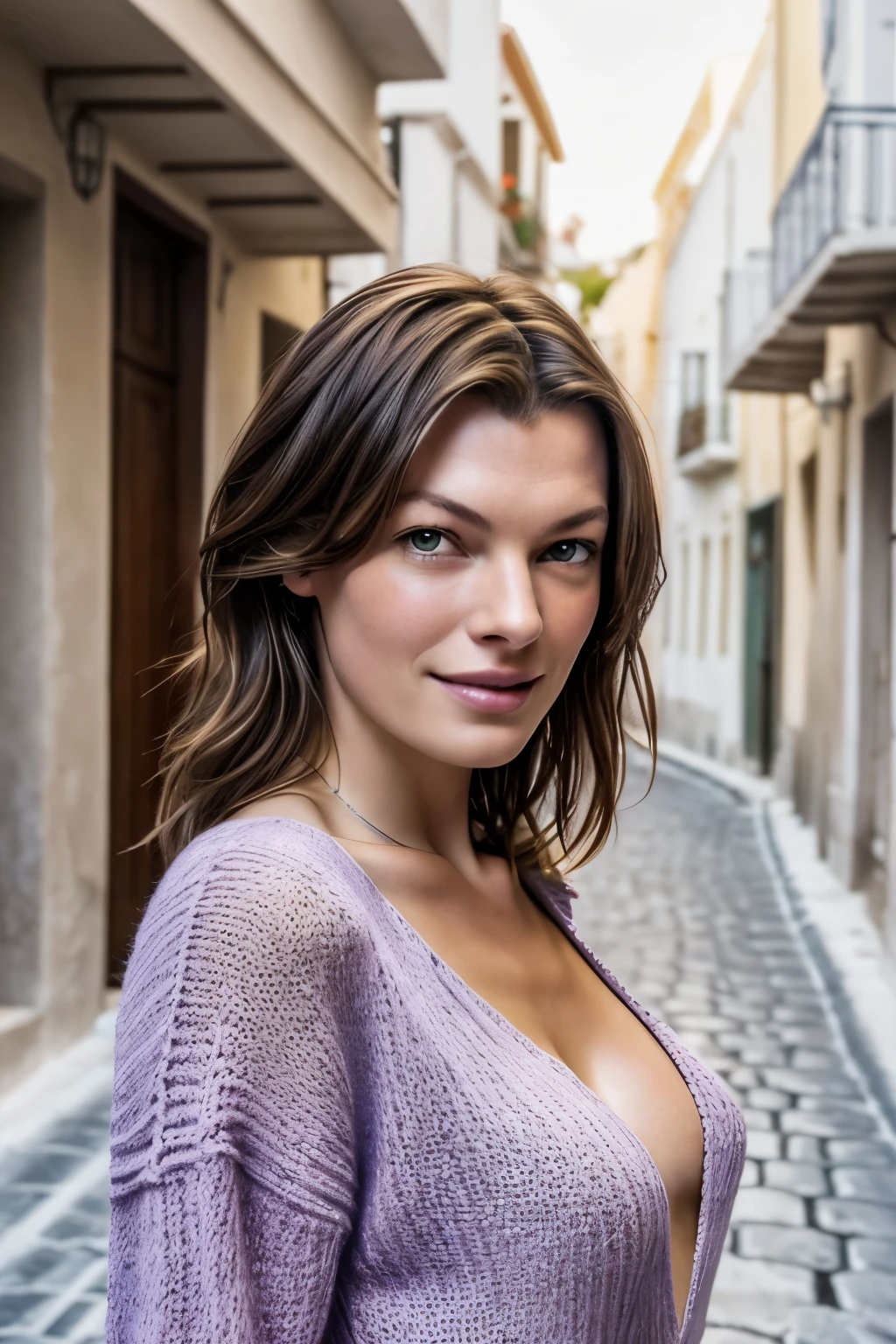1 woman, Women similar to Milla Jovovich, Purple Deep V Light Knit Sweater, Looking at the camera, well-shaped bust, greek cityscape, smile, cheerful and happy, clear sky, skin texture, cinematic light, ultra high resolution, photorealistic, best quality, complex and delicate, 8K wallpaper, highest quality, masterpiece