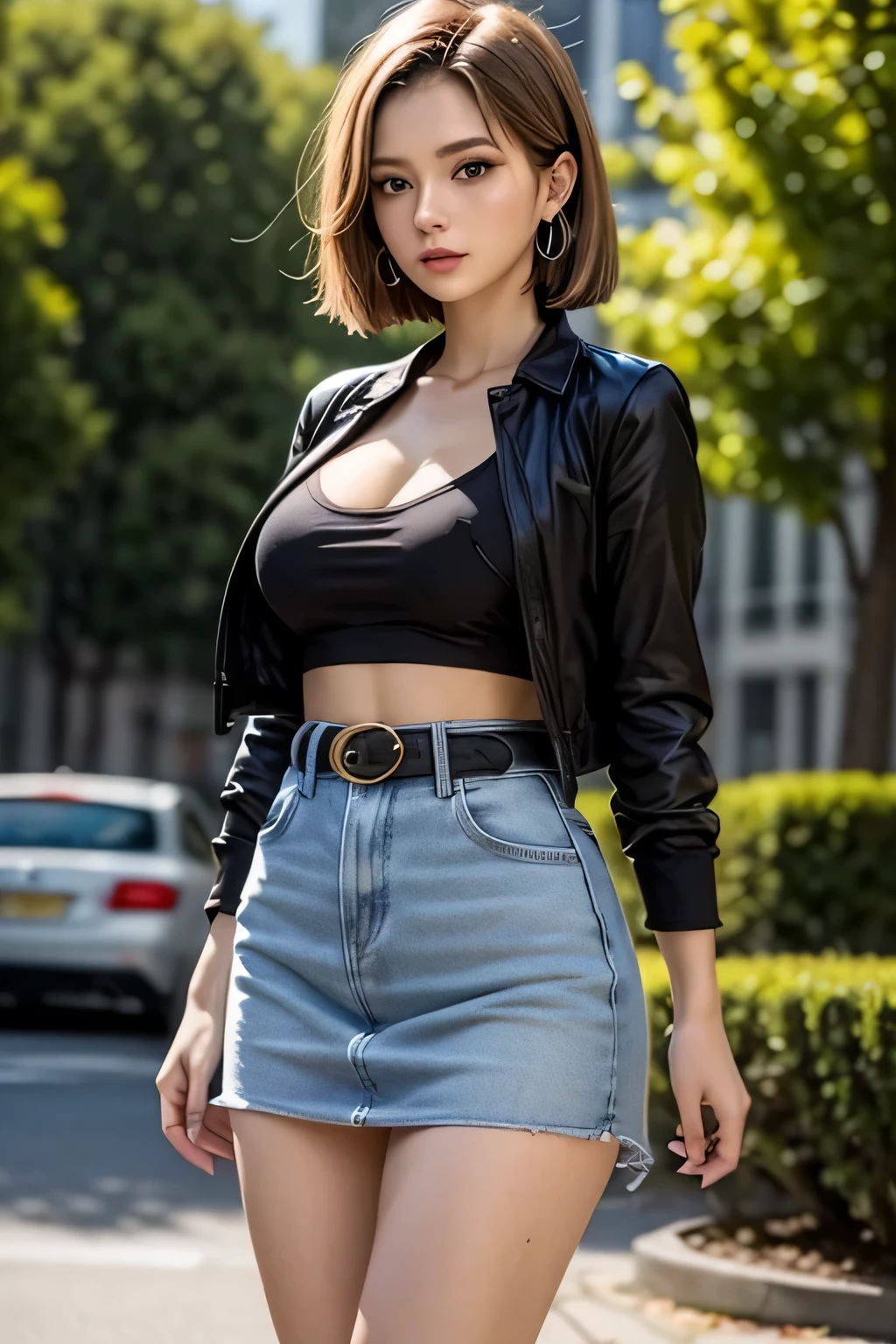 android 18, android 18, blonde hair, blue eyes, eyelash, hoop earrings, short hair, earrings, break belt, black legwear, black shirt, breast pocket, cleavage, clavicle, denim, denim skirt, high-waist skirt, jewelry, long sleeve, pocket, shirt, shirt tucked in, skirt, striped, striped sleeves, waistcoat,, break outdoors, city, null, cloud, sun, break looking at viewer, (cowboy shot:1.5), break (masterpiece:1.2), highest quality, High resolution, unity 8k wallpaper, (shape:0.8), (beautiful and detailed eyes:1.6), highly detailed face, perfect lighting, Very detailed CG, (perfect hands, perfect anatomy)