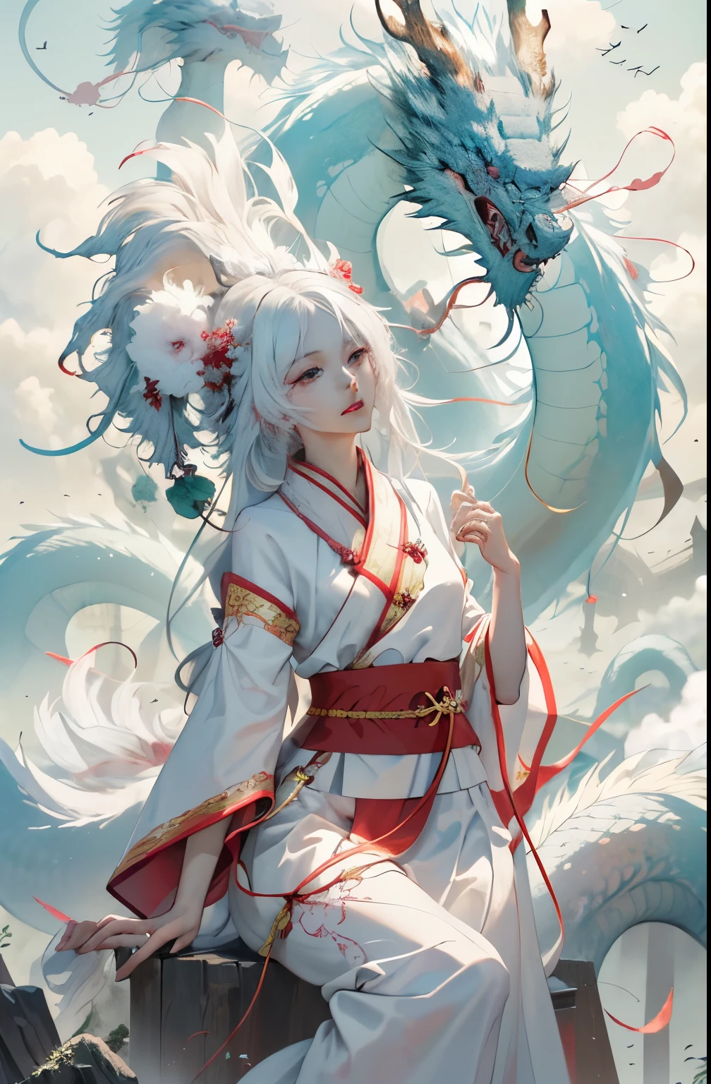 (active attention),, dynamic lighting, art station, poster, Volumetric lighting, Very detailed faces, 8k wallpaper, 1 girl with long white hair, Red fringed hair ornament, Peony flower hair accessories, Dynamic perspective, Chinese style, white hanfu, red belt, Ribbons fly, lure, Sexy, Chinese traditional ink painting, White clouds, White clouds, Taming the Chinese White Dragon, The dragon head and the girl are in the same direction, Longjiaobai, Dynamic perspective, light,