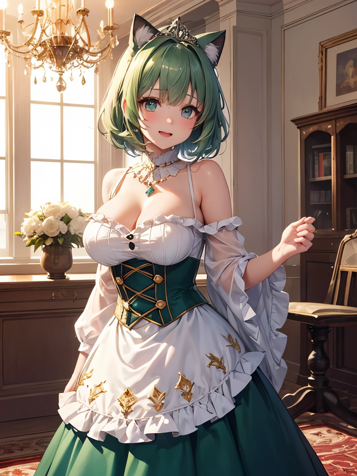 highest quality,wonderful,masterpiece,delicate,ultra high resolution,Super detailed,intricate details,beautiful,8K resolution,(Highly detailed CG Unity 8K wallpaper),sharp focus、anime、fiction、one woman、dark green hair girl 、Metallic colored hair、short hair、Cat ear、big breasts、vivid hair、shaggy hair、messy hair、vivid skin、Glossy skin、 face、ta、short、cute、beautiful eyes、happiness、Pleasure、笑face、princess、cuteピンクドレス、long skirt、tiara、Inside the city、red and gold carpet、indoor、gorgeous layout、beautiful room、royal palace、chandelier、