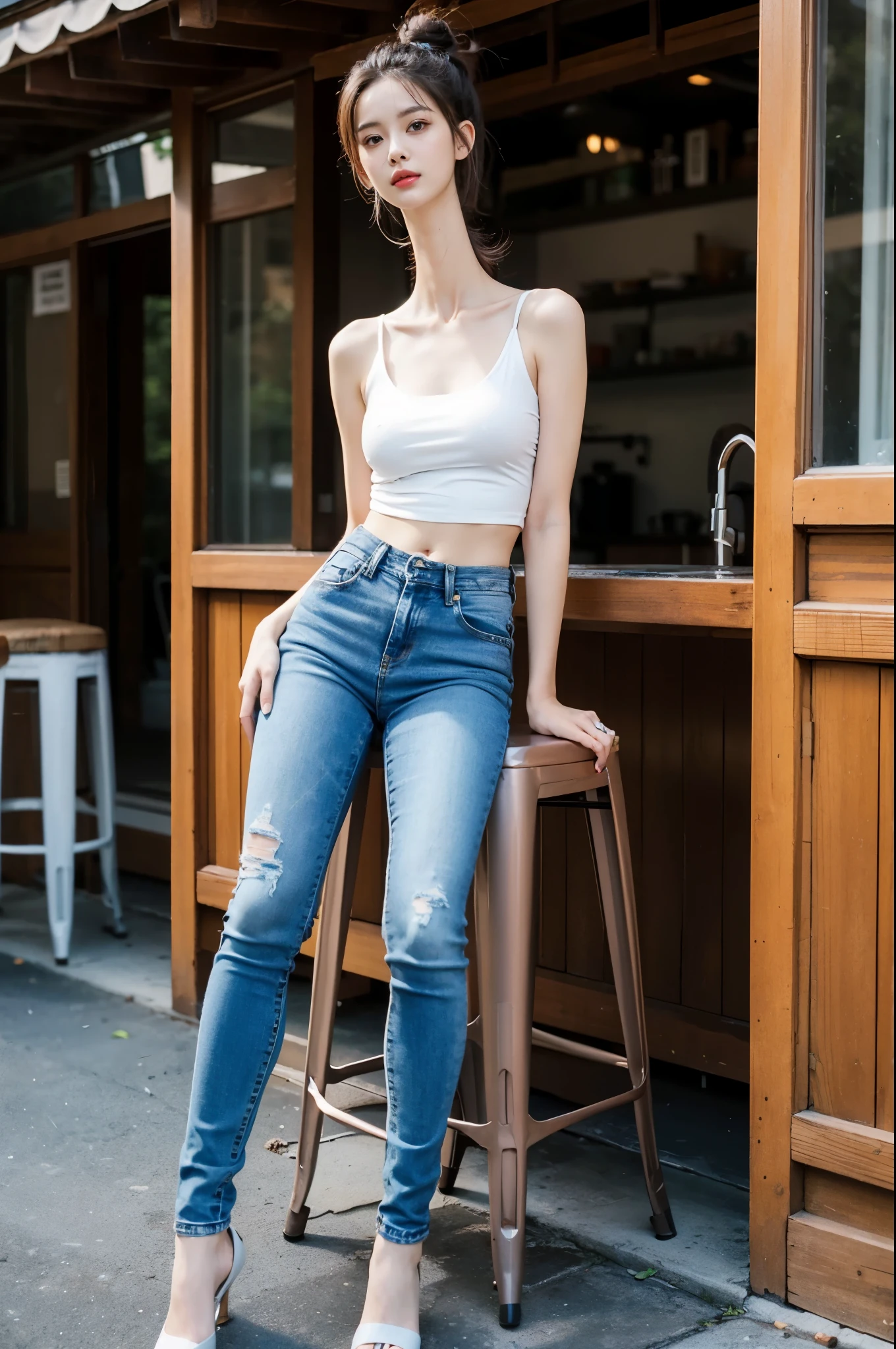 a beautiful young woman, large breasts, collared shirt and jeans, professional photo, full body photo, sitting on a stool, dramatic colors, looking at viewer, (longneck:1.5)