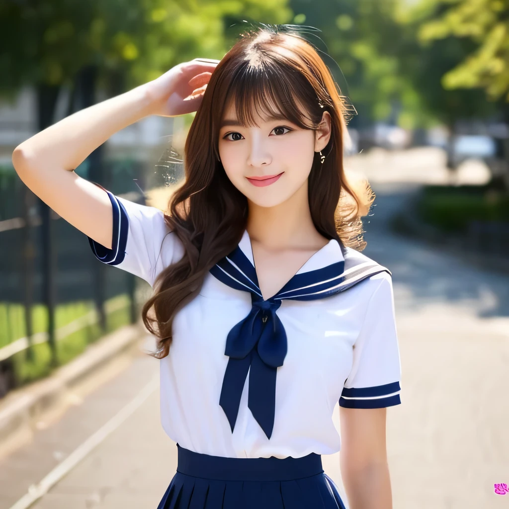 portrait、、bright look、twin tails、young shiny glossy white shiny skin、best looks、blonde reflection、Platinum blonde hair with dazzling highlights、shiny bright hair,、super long straight hair、Shining beautiful bangs、Sparkling crystal clear charming big blue eyes、Japanese high school girl、sailor suit、rich bust、White and beautiful blouse、I can see the collarbone、((I could see the whole body))、beautiful face、The chest area of the clothes looks tight、loose perm、No bra、skirt lift、skirt lift、skirt lift