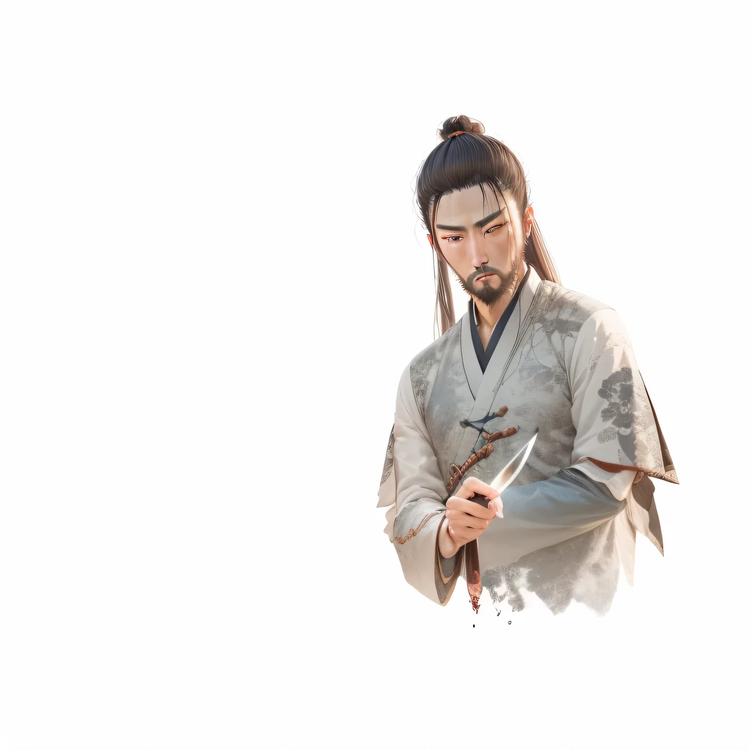 There was a bearded man holding a knife and a knife, inspired by Wu Daozi, Inspired by Cao Zhibai, inspired by Huang Gongwang, Inspired by Zhu Derun, Inspired by Wang Mian, Inspired by Dong Yuan, inspired by Li Gonglin, inspired by Zhao Mengfu, Inspired by Cao Buxing