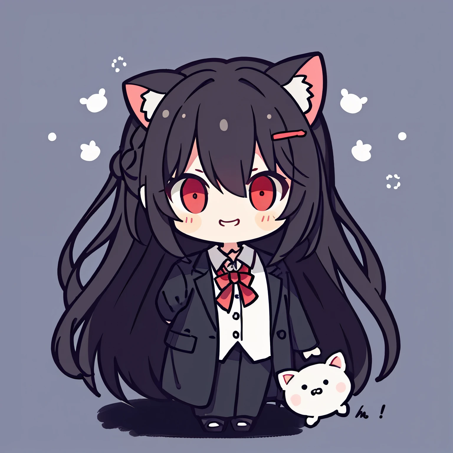 masterpiece, top quality, chibi, black hair, red eye color, wool curly long hair, cat ears, arrogant, All black with red bow, girl, short sleeves,Smiling man wearing black suit and white shirt, Portraits inspired by Ruth Jên, Instagram, concept art, Professional profile picture,Professional profile photo, Natasha Tan Maciej Kuciara, Professional pictures, Avatar profile picture, Nivanjantala, Xision Wu, louise zhang, wenfei ye, Corporate photos
