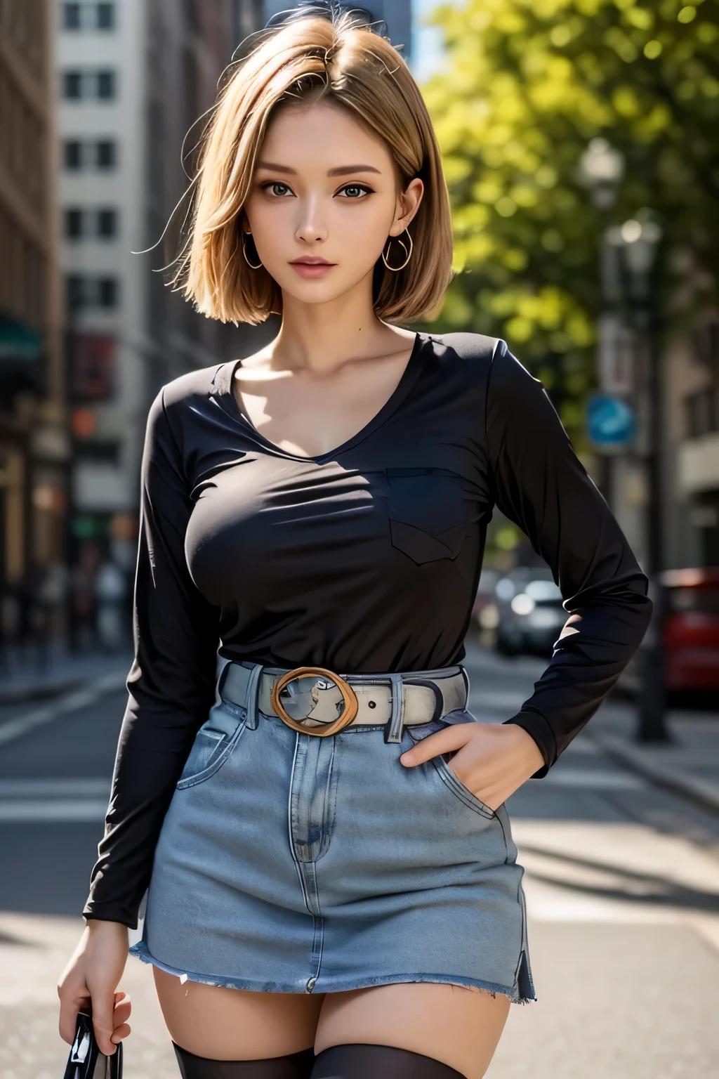 android 18, android 18, blonde hair, blue eyes, eyelash, hoop earrings, short hair, earrings, break belt, black legwear, black shirt, breast pocket, cleavage, clavicle, denim, denim skirt, high-waist skirt, jewelry, long sleeve, pocket, shirt, shirt tucked in, skirt, striped, striped sleeves, waistcoat,, break outdoors, city, null, cloud, sun, break looking at viewer, (cowboy shot:1.5), break (masterpiece:1.2), highest quality, High resolution, unity 8k wallpaper, (shape:0.8), (beautiful and detailed eyes:1.6), highly detailed face, perfect lighting, Very detailed CG, (perfect hands, perfect anatomy)