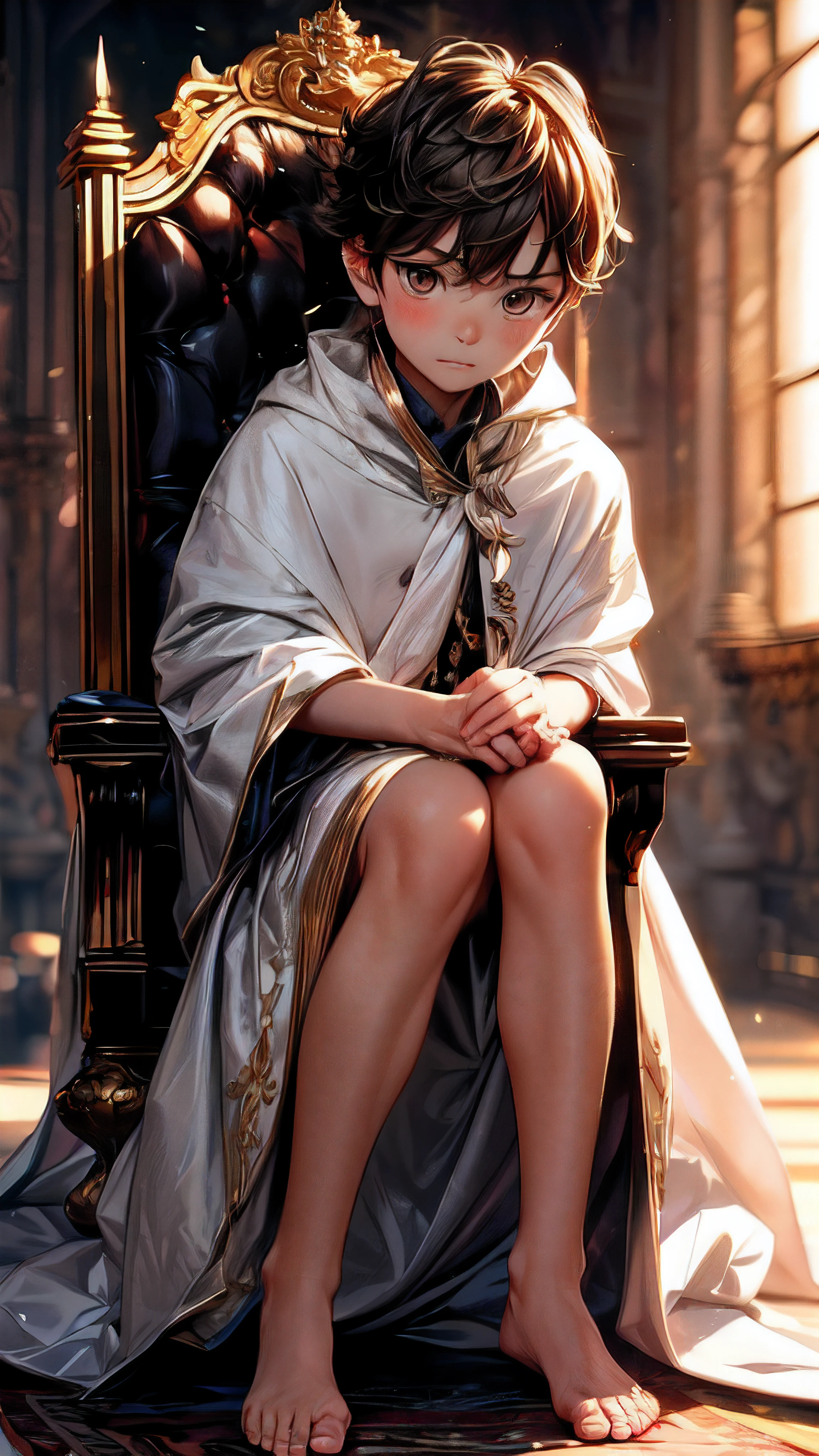 (best quality,4K,8K,high resolution,masterpiece:1.2),Super detailed,(actual,photoactual,photo-actual:1.37), (alone),(boys:1.1), (A cute very  boys:1.2) wear (white cloak) and a (Very long silk dress:1.1), (prince), (best wrinkles, best shadow, best texture), (barefoot), Soft curls, sDull eyes, (Dull eyes, looking at the audience, (anger, blush)),Wearing an exquisite silver crown on her head, (Sitting dignifiedly on an exquisite and solemn throne), In the splendid palace, Bathed in the warm golden sunshine, Create a dreamy and magical atmosphere.