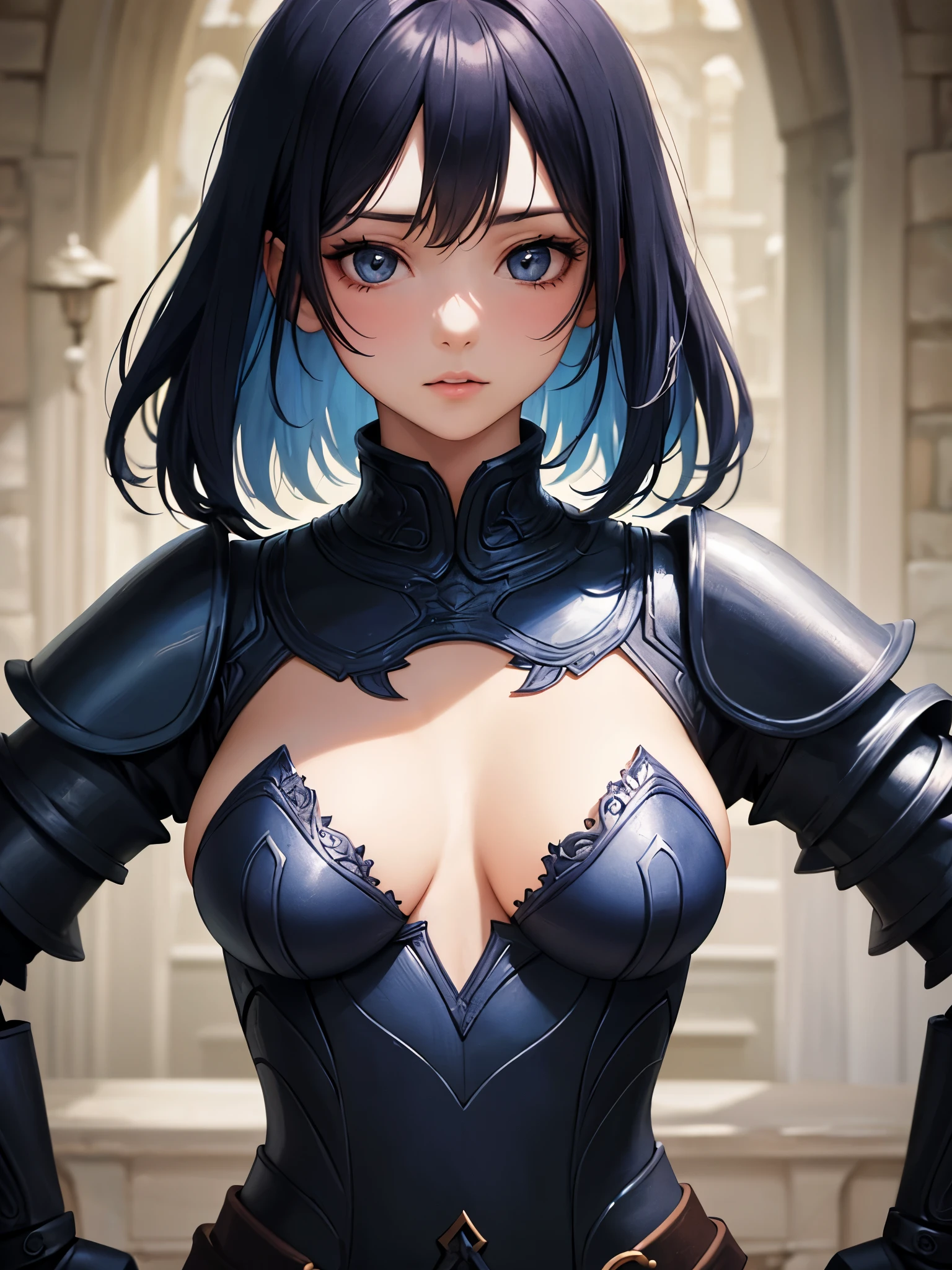 (((Best Quality))), ((Ultra-detailed)), (extremely detailed photo), ((extremely delicate and beautiful)),(Cute delicate face), ((masterpiece)), perfect anatomy, intricate, (highly detailed), masterpiece, photorealistic, (A 20 years old dignified girl),(indigo and black armor:1.3), ((Castle town)) ,(upper body),(holding glowing sword),alone,short hair, looking at viewer, double eyelid,delicate skin,slender body shape,