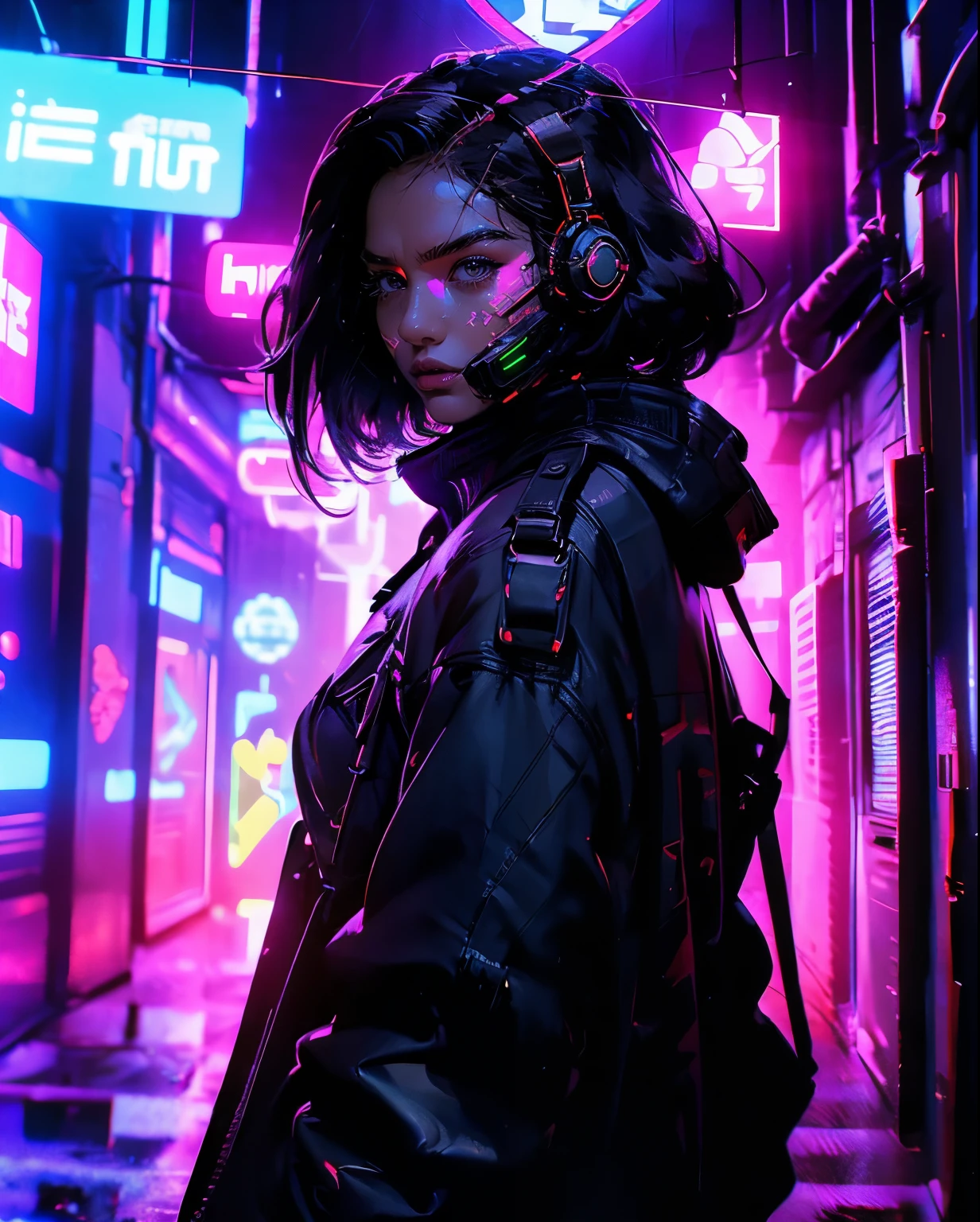 (masterpiece, full-body shot, intrincate raw photography)cyberpunk citizen in oversize techwear, using a black astro daftpunk style helmet, neon light details, intrincate, futuristic, sharpness, ramdom pose, cyberpunk city, street neon lights, insta pic, photo of the year, octane render, substance, maya 3d, cinema4d, artstation trending, devian art trend, threads of intelligence come out of his body, and texts circulate around the scene. fios de plug saem de seu corpo.