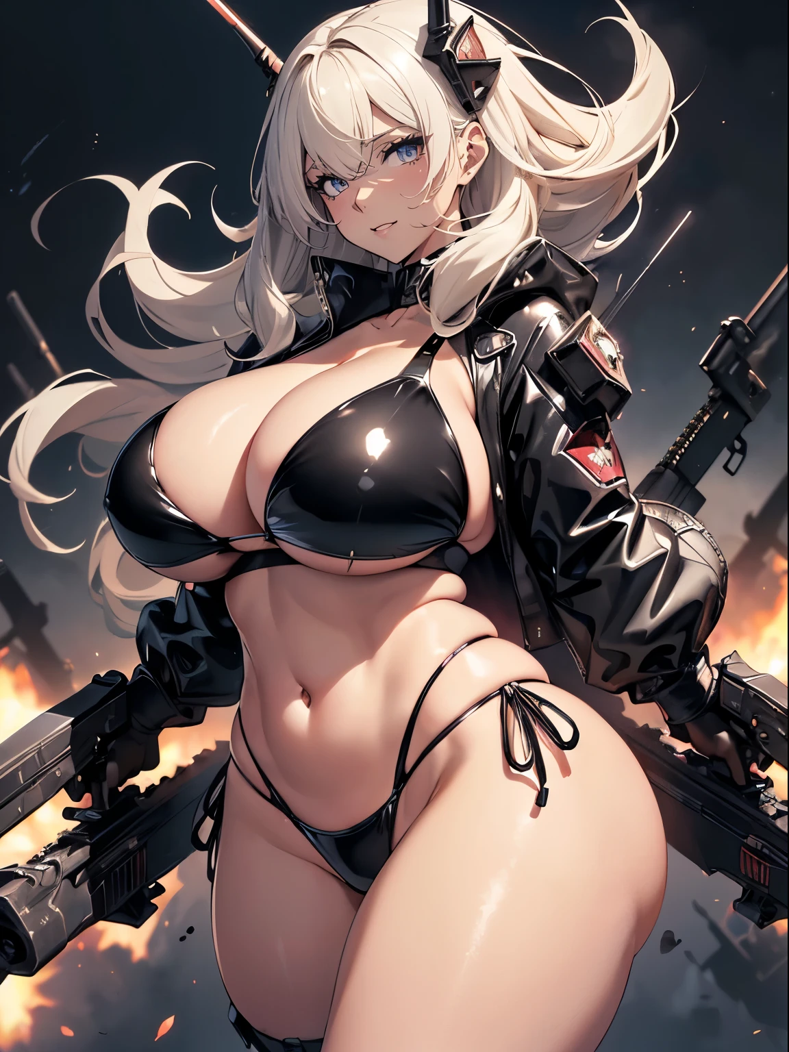 ​masterpiece, ultra-detailliert, 8k, hiquality, Top image quality, digitial illustration, Seductive Anime Girl, Combative posing, arched back、Depiction of dense hair, Detailed eye depiction, appearance Splash paint background in colors, Center, ((heavy weapons, armament:1.3))、((latex bikini:1.3 crop top:1.3))、((cleavage:1.3))、((crop top navel))、((highleg:1.3))、((huge breasts:1.3))、((huge hip:1.3))、((thick thighs))、((collarbone))、((cameltoe))、seductive smile、shiny skin、Sharp Focus, draw the full body, Glossy realistic skin texture, ((Hover effect:1.2)), Precise human body structure、Smooth texture