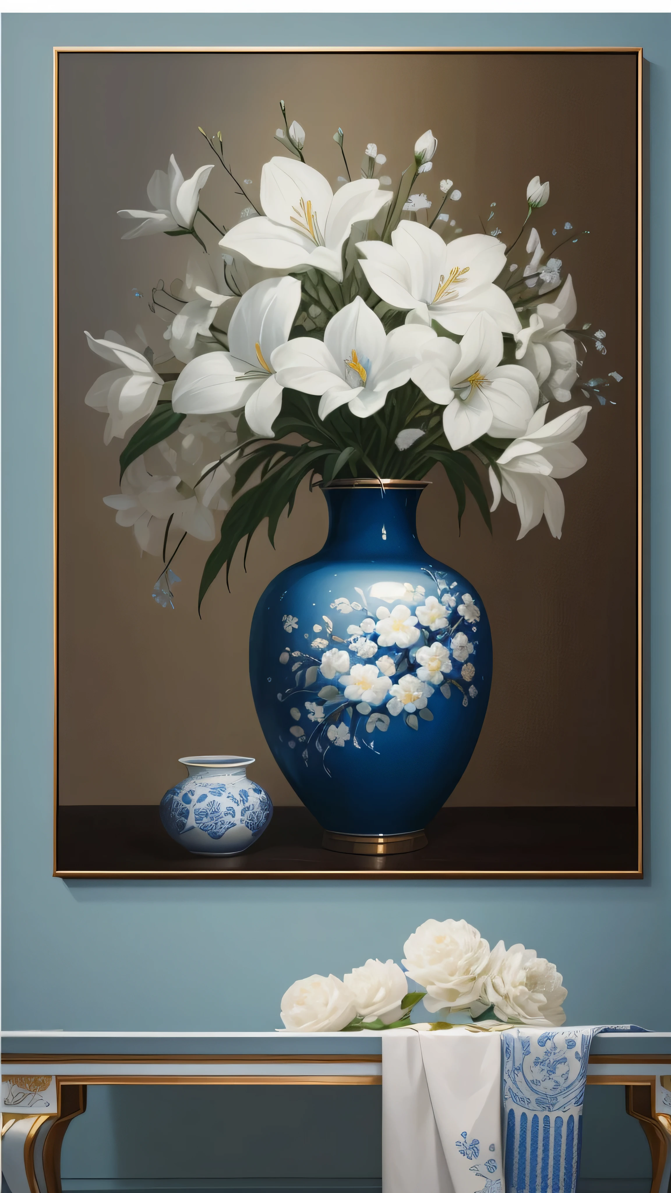 painting of a blue vase with white flowers and a white cup, high-quality art, realistic flowers oil painting, clean elegant painting, elegant digital painting, elegant and refined painting, Hungry Ghost Festival, elegant and ornate, high quality painting, professional oil painting, high quality digital painting, detailed paintings, art decoration, elegant oil painting, ornate and elegant