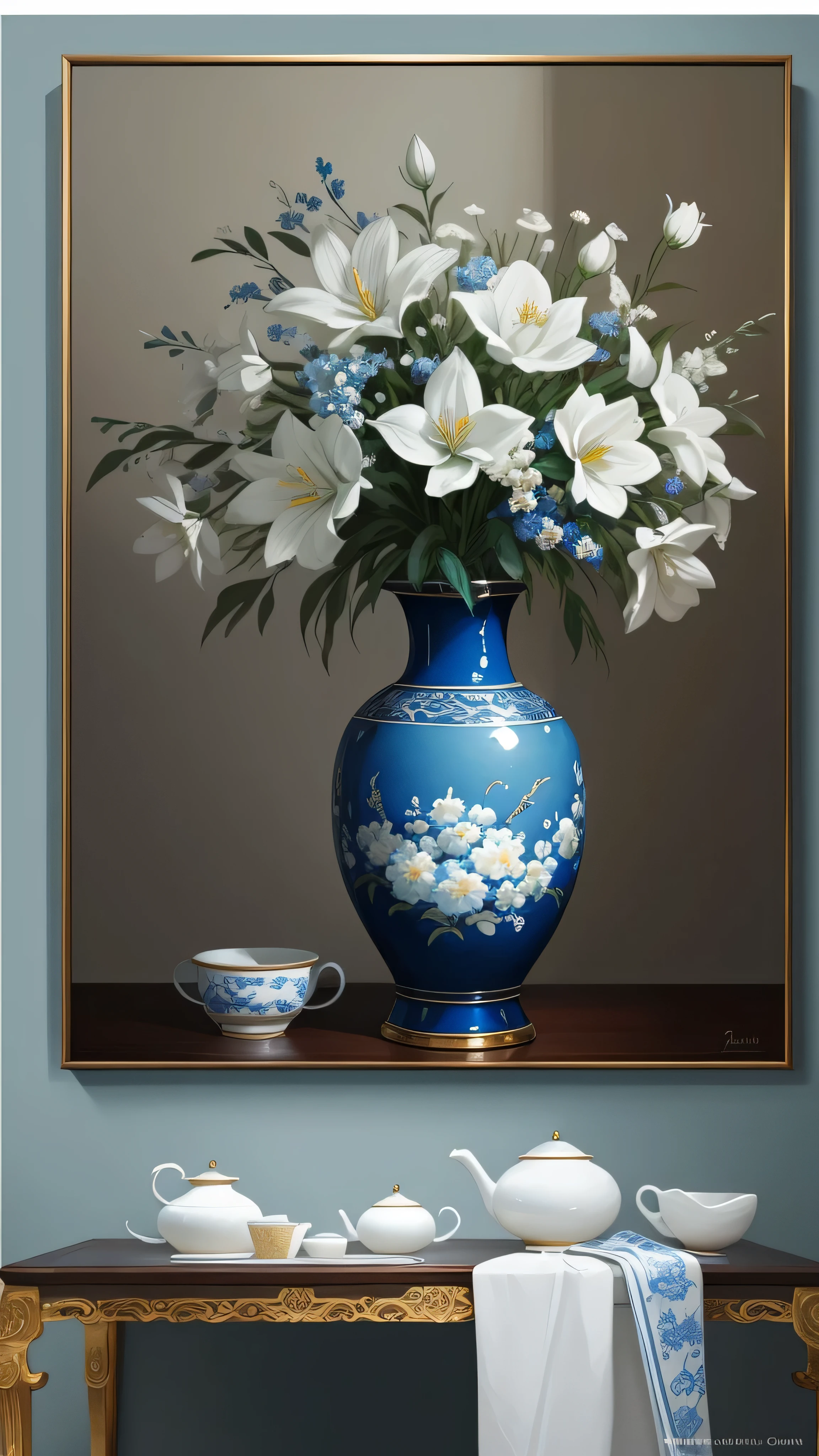 painting of a blue vase with white flowers and a white cup, high-quality art, realistic flowers oil painting, clean elegant painting, elegant digital painting, elegant and refined painting, Hungry Ghost Festival, elegant and ornate, high quality painting, professional oil painting, high quality digital painting, detailed paintings, art decoration, elegant oil painting, ornate and elegant