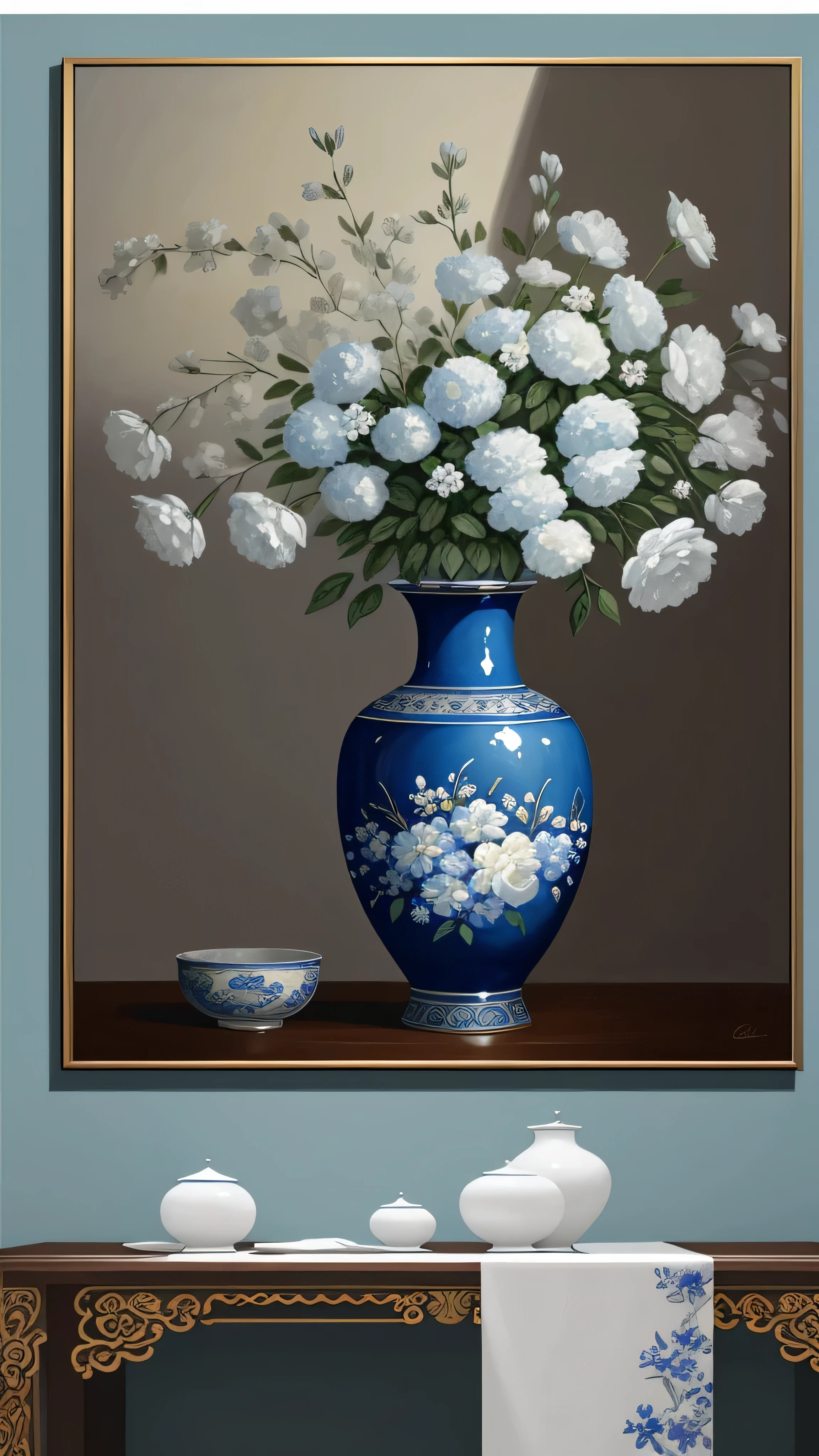 painting of a blue vase with white flowers and a white cup, high-quality art, realistic flowers oil painting, clean elegant painting, elegant digital painting, elegant and refined painting, Hungry Ghost Festival, elegant and ornate, high quality painting, professional oil painting, high quality digital painting, detailed paintings, art decoration, elegant oil painting, ornate and elegant