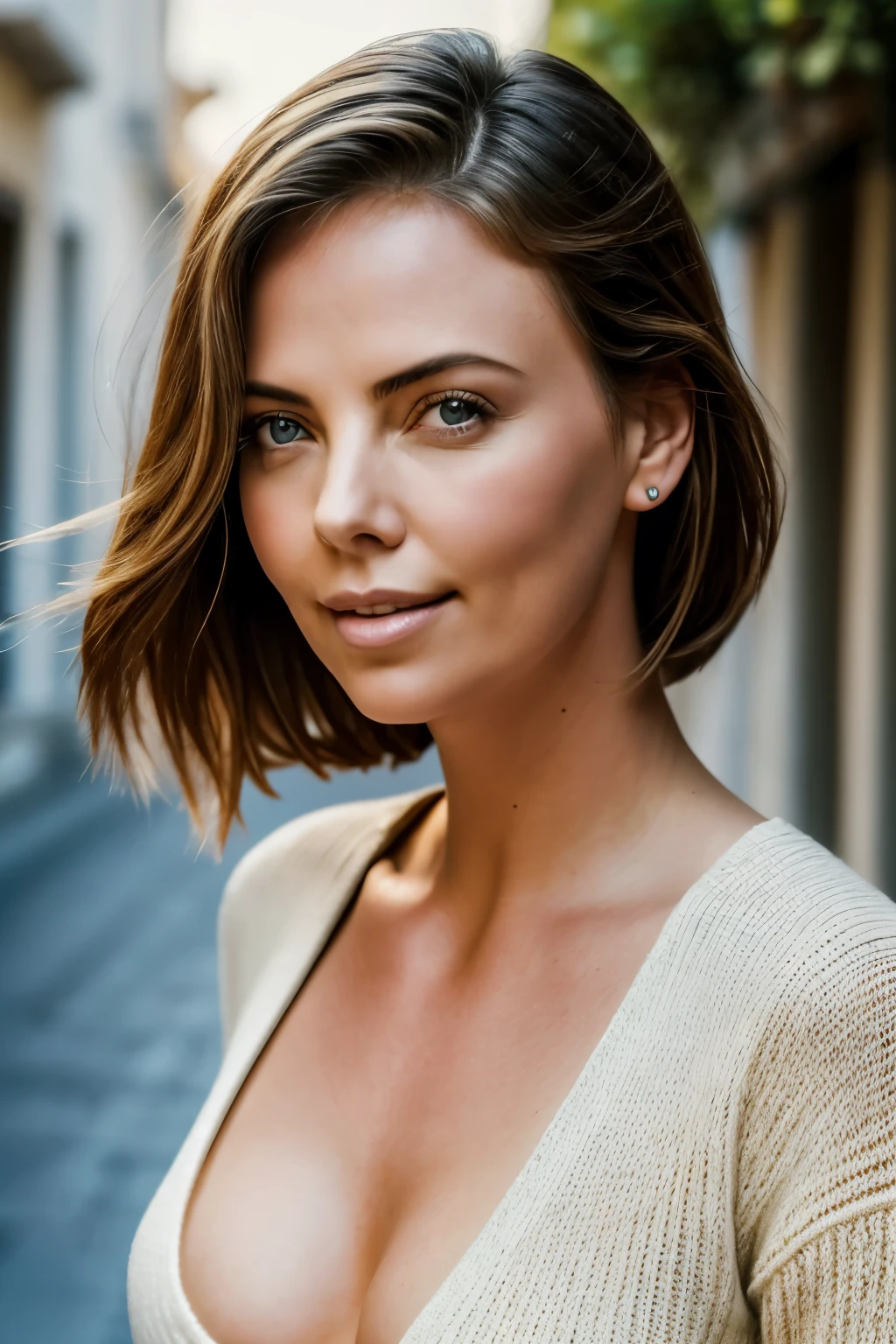 1 woman, A 25-year-old woman resembling Charlize Theron, Red Deep V Light Knit Sweater, Looking at the camera, well-shaped bust, greek cityscape, smile, cheerful and happy, clear sky, skin texture, cinematic light, ultra high resolution, photorealistic, best quality, complex and delicate, 8K wallpaper, highest quality, masterpiece