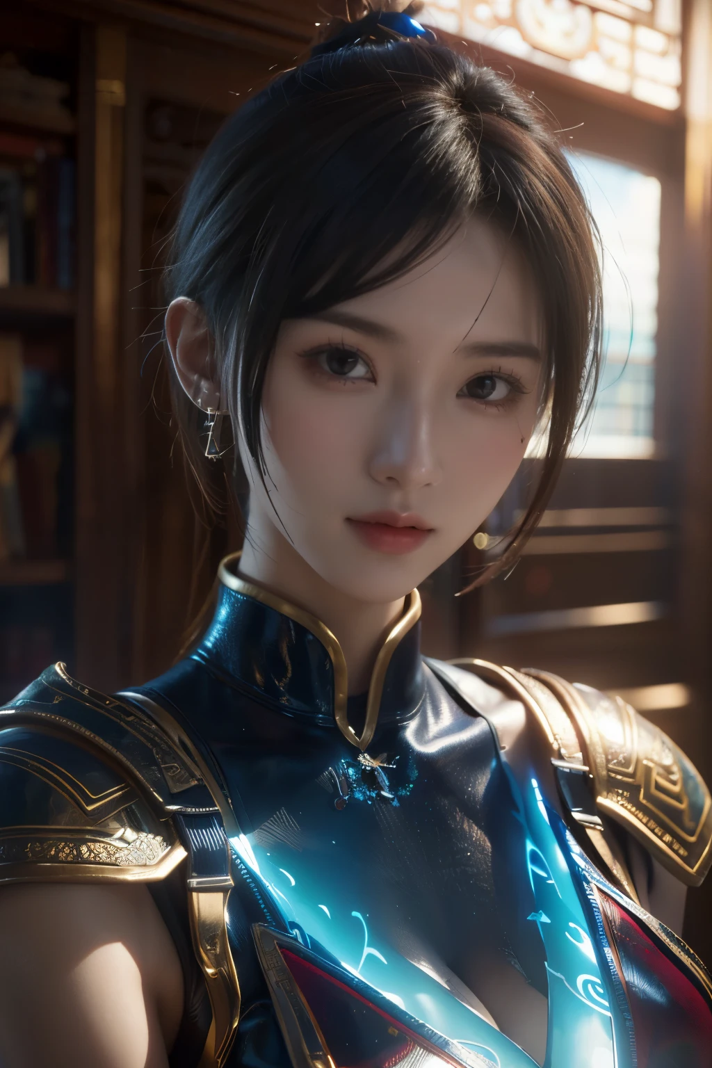 Masterpiece,Game art,The best picture quality,Highest resolution,8K,(Portrait:1.5),Unreal Engine 5 rendering works,(Digital Photography),
Girl,Beautiful pupil,(Gradual short hair is blue and red),Busty,(Big breasts),
(A female general in the ancient fantasy style),(Future combat dress combined with Chinese fantasy style clothing,Chinese style Han costume),Ribbon,Ancient magic patterns glow,Armor rich in detail,(Ancient fantasy),
Movie lights,Ray tracing,Game CG,((3D Unreal Engine)),OC rendering reflection pattern