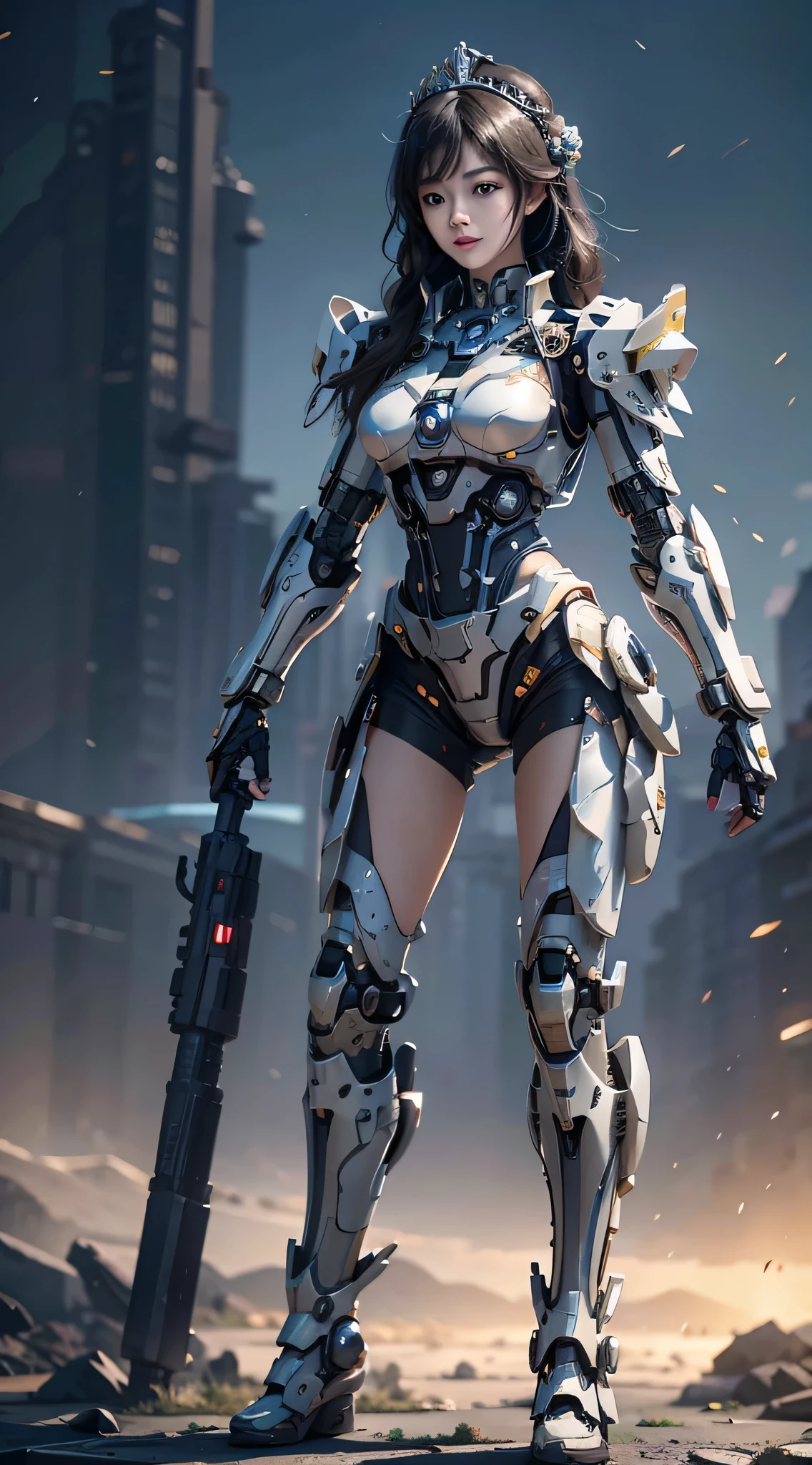(Best Quality)), ((Masterpiece)), (Very Detailed: 1.3), 3D, Icaru valkirie-mecha, Beautiful cyberpunk woman wearing crown, with master chef style armor, sci-fi technology, HDR (High Dynamic Range), ray tracing, nvidia RTX, super resolution, unreal 5, subsurface scattering, PBR texture, post-processing, anisotropic filtering, depth of field, maximum sharpness and sharpness, multi-layer texture, Specular and albedo mapping, surface shading, accurate simulation of light-material interactions, perfect proportions, octane rendering, duotone lighting, low ISO, white balance, rule of thirds, wide aperture, 8K RAW, high efficiency subpixels, subpixel convolution, light particles, light scattering, Tyndall effect, very sexy, full body, battle pose, black hair with braids,