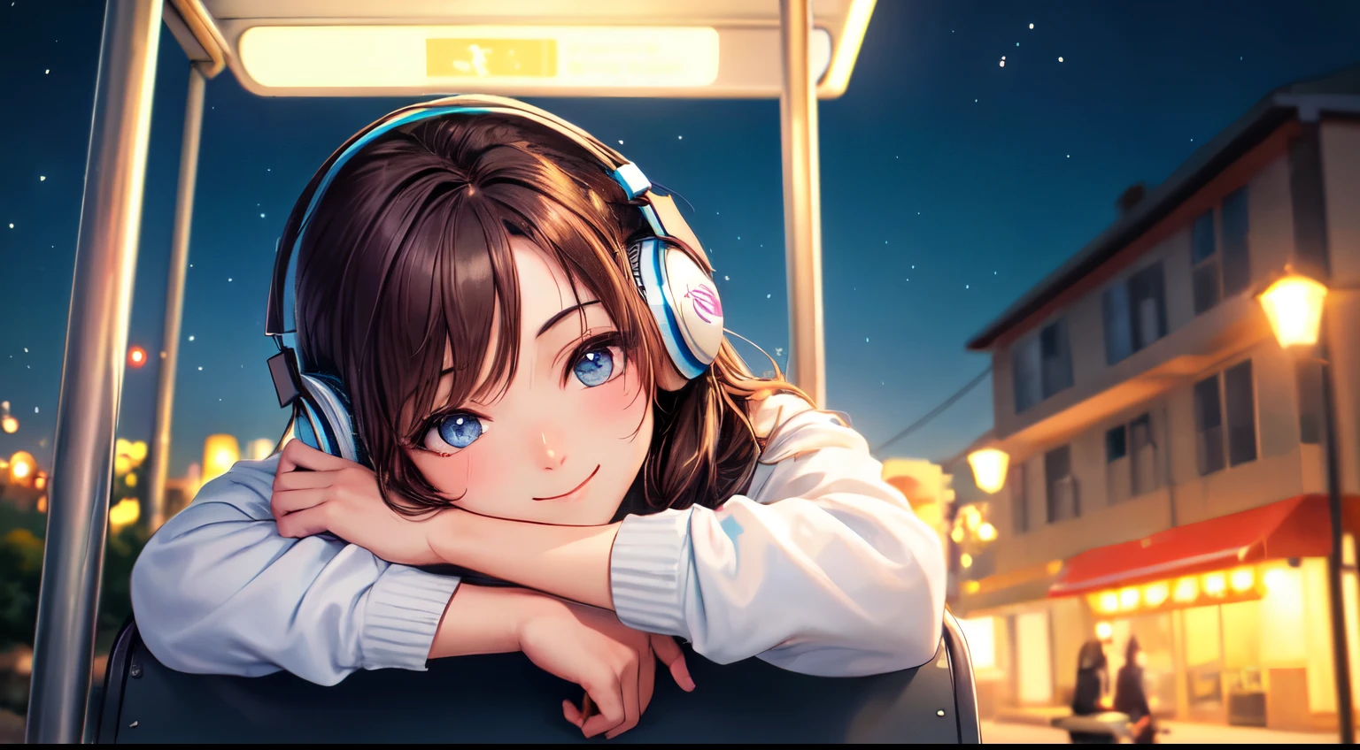 (highest quality,masterpiece:1.2),be familiar with,perfect face,brown hair,Girl listening to music,have her phone,sitting at the bus stop,2D anime style,figure,soft lighting,Bright colors,Sparkling ornaments,night,peaceful atmosphere,Cozy background,expressive eyes,gentle smile,flowing hair,Headphones On,bright eyes,Likeable character