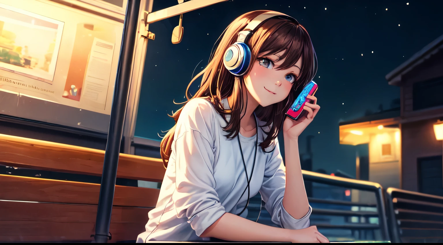 (highest quality,masterpiece:1.2),be familiar with,perfect face,brown hair,Girl listening to music,have her phone,sitting at the bus stop,2D anime style,figure,soft lighting,Bright colors,Sparkling ornaments,night,peaceful atmosphere,Cozy background,expressive eyes,gentle smile,flowing hair,Headphones On,bright eyes,Likeable character