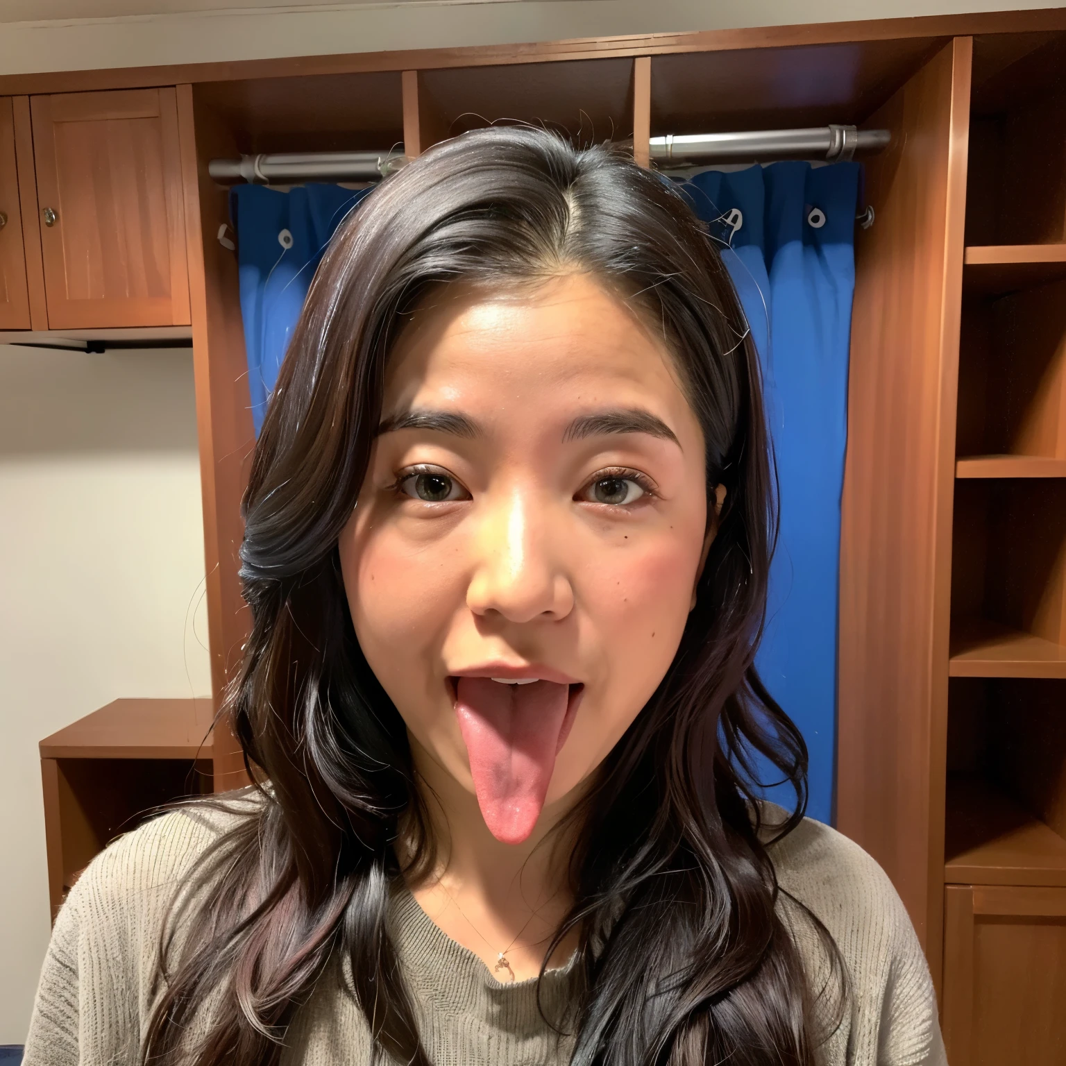 ((最high quality, 8K, masterpiece: 1.3)), realistic, sharp focus, high quality, High resolution, portrait, alone, Japan, middle-aged women, beauty, suit, 43 years old, Plump, wavy hair, wrinkles around the eyes, office changing room, lots of lockers, long tongue, big mouth, dark background,