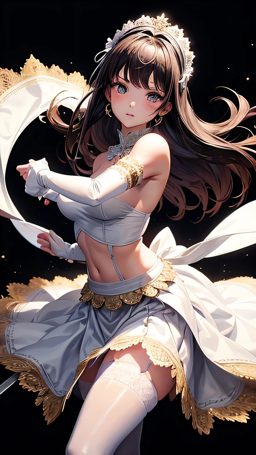 A young woman in a meticulously crafted maid costume, the centerpiece of the image is an elegant white maid-headband that crowns her dark hair. Her outfit is a testimony to the intricate detailing, with an almost sheer strapless garment hugging her body, highlighting her navel. Covering her arms are warming mittens, and her legs are encased in sleek, lacy tight high stockings accentuated by dazzling high heels. standing in the center of the scene with battle ready pose, holding a katana sword