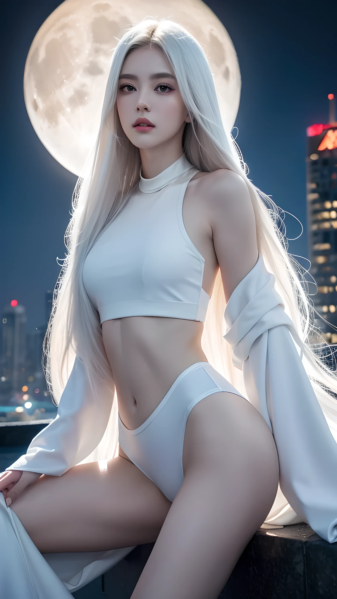masterpiece, best quality, (alone focus), (perfect face:1.1), (high detail:1.1),dramatic, 1 person, (pale skin), long white hair, white eyes, [Light eyebrows], alone, long hair, moon, night, white luxury suit, cover navel, pout, cover, futuristic city, Detailed background, artgerm and greg rutkowski&#39;s work, Light, Rose, Fashion, Balenciaga style